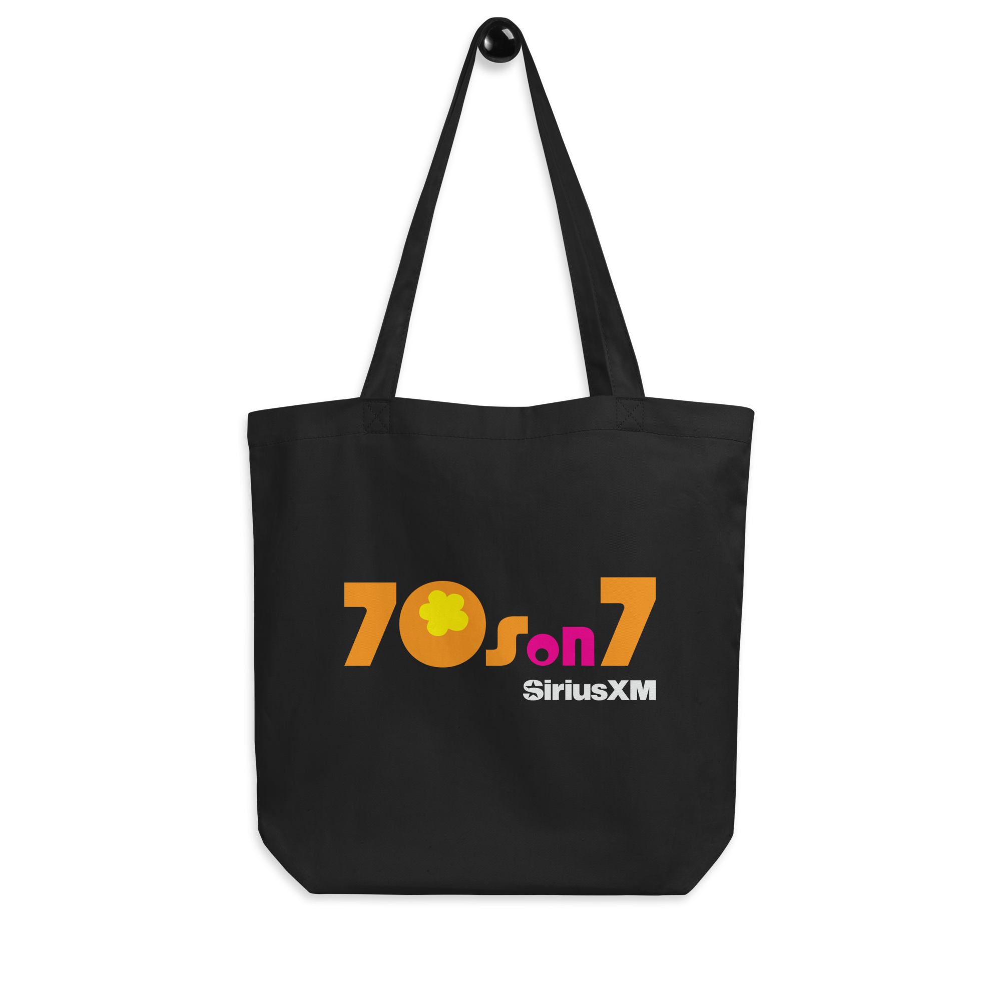 Black tote bag featuring the '70s on 7' 'SiriusXM' logo in colorful pink, yellow, and orange text.