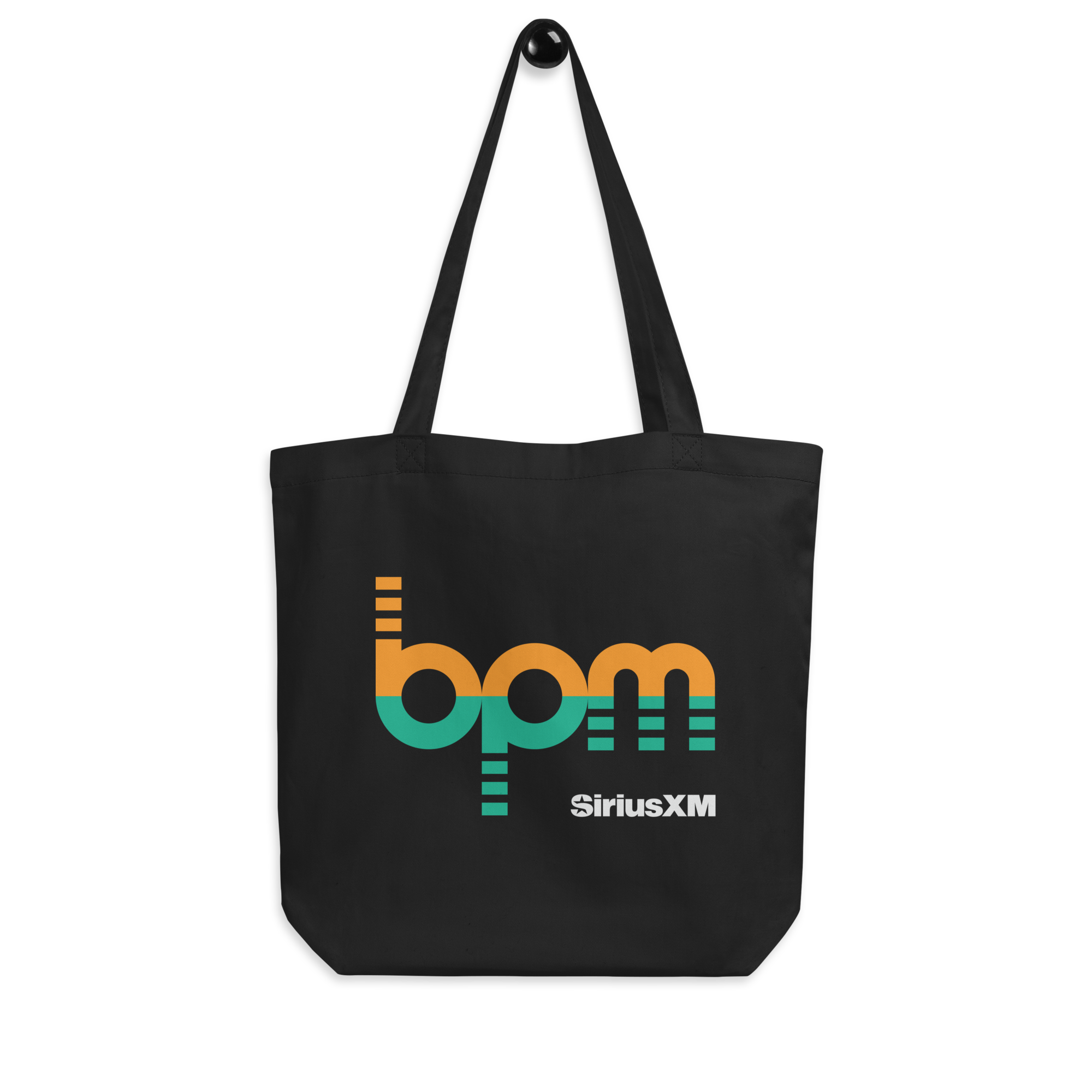 Black tote bag featuring the 'bpm' logo in orange and green and 'SiriusXM' text underneath in white.