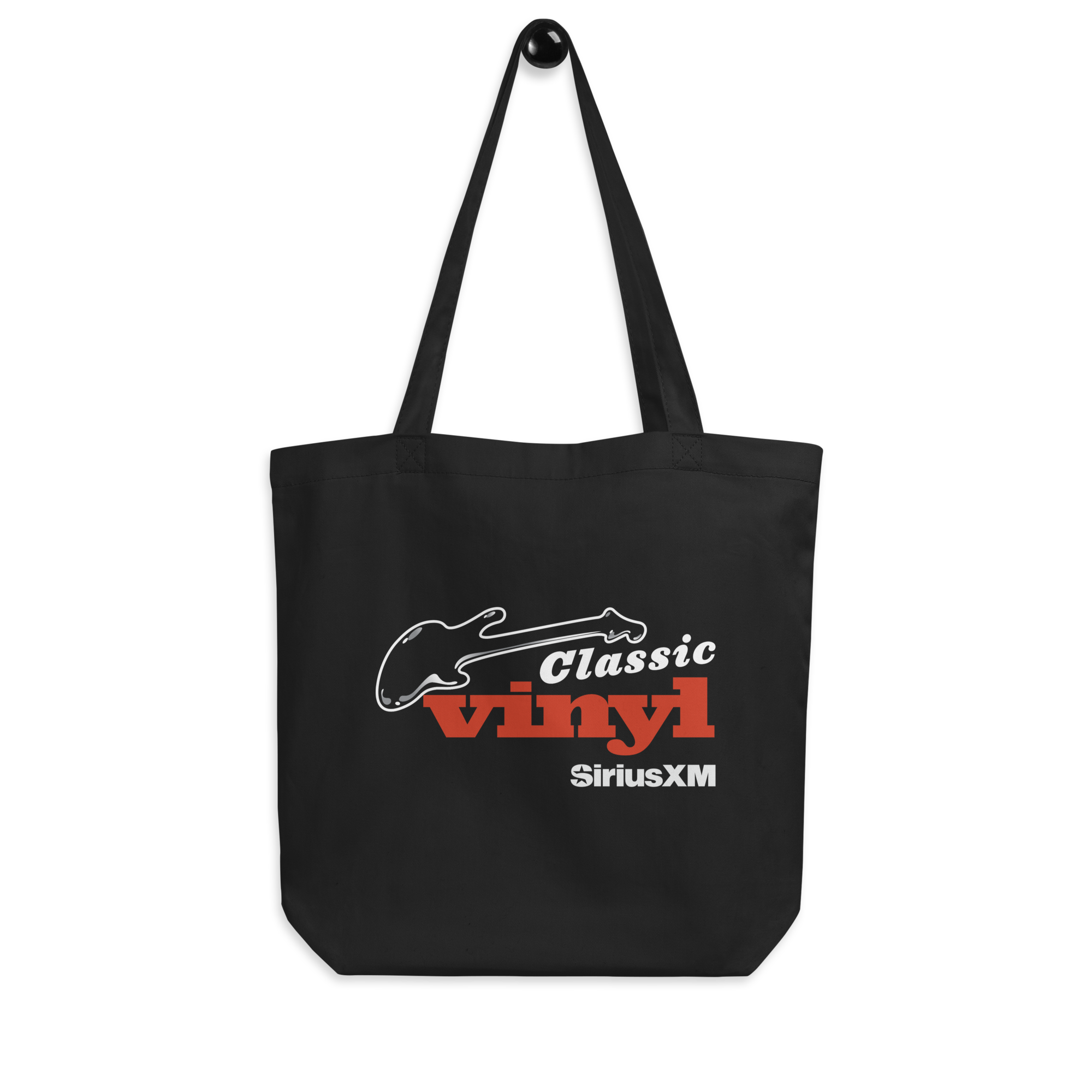 Black tote bag featuring 'Classic Vinyl' in white and red and SiriusXM logo in white  with a guitar graphic outline.