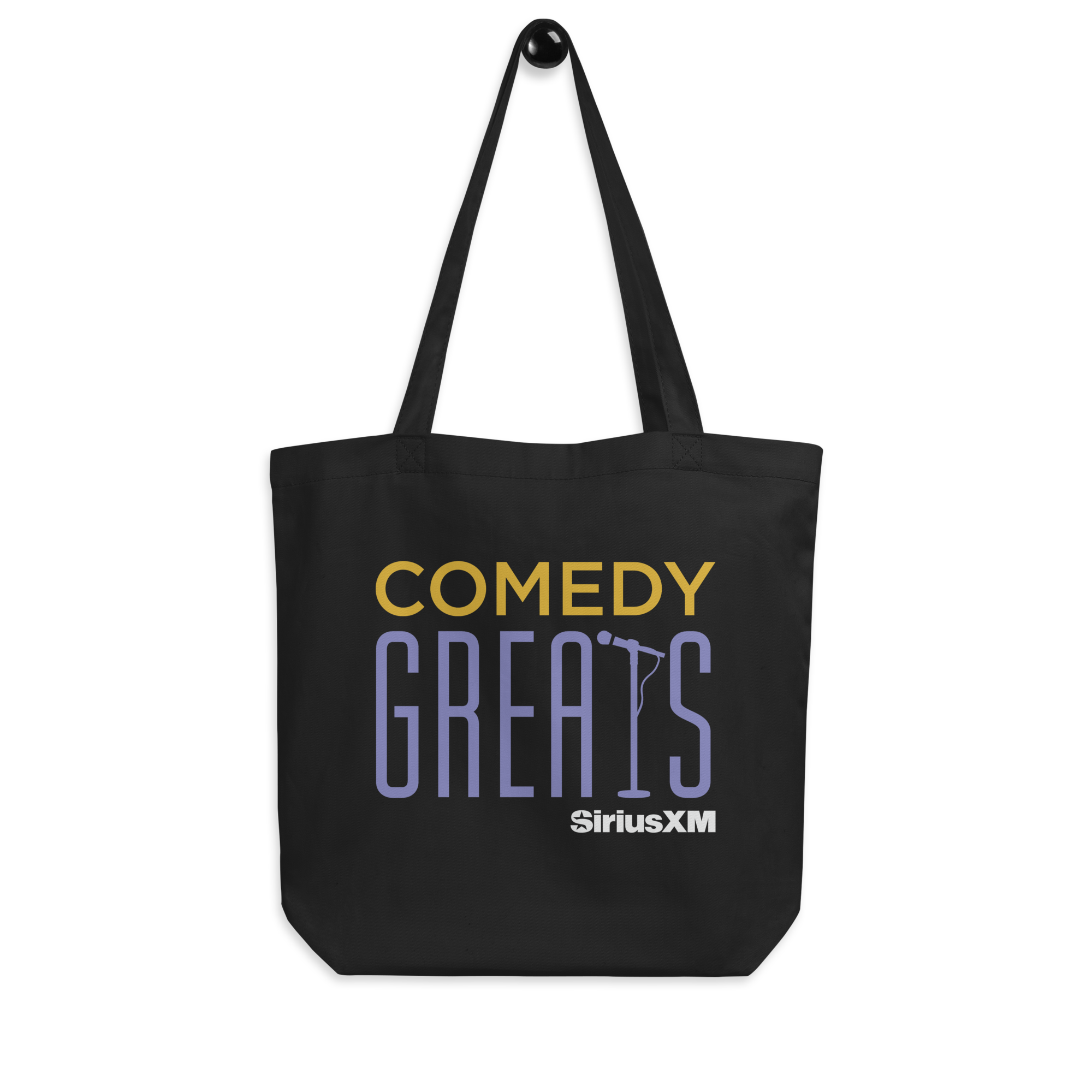 Black tote bag featuring the text 'COMEDY GREAT' in yellow and purple and a microphone graphic, with the SiriusXM logo in white.