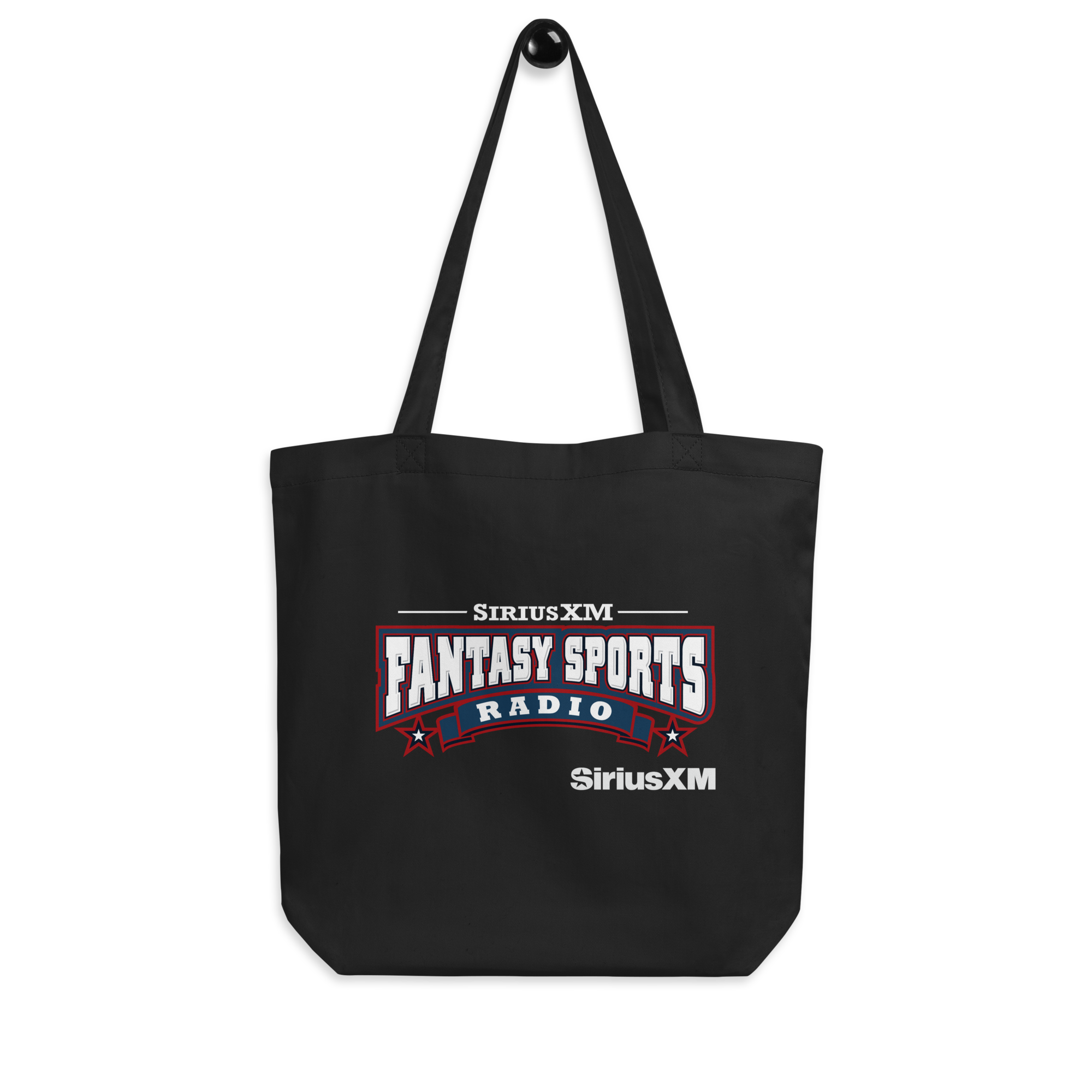 Black tote bag featuring 'SiriusXM Fantasy Sports Radio' logo and 'SiriusXM' branding, on black background.