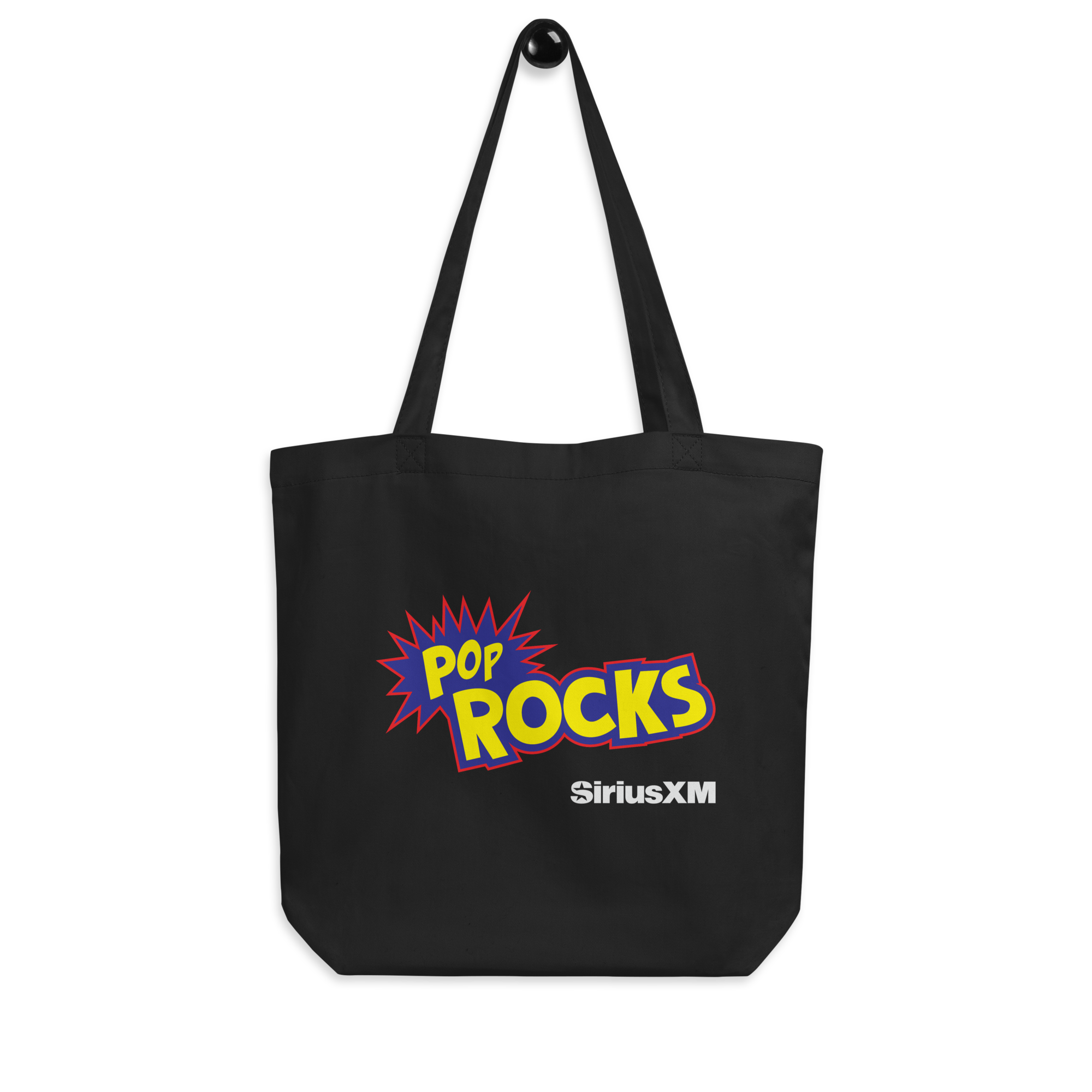 Black tote bag featuring 'POP ROCKS' logo in blue, yellow and red and 'SiriusXM' text in white underneath.