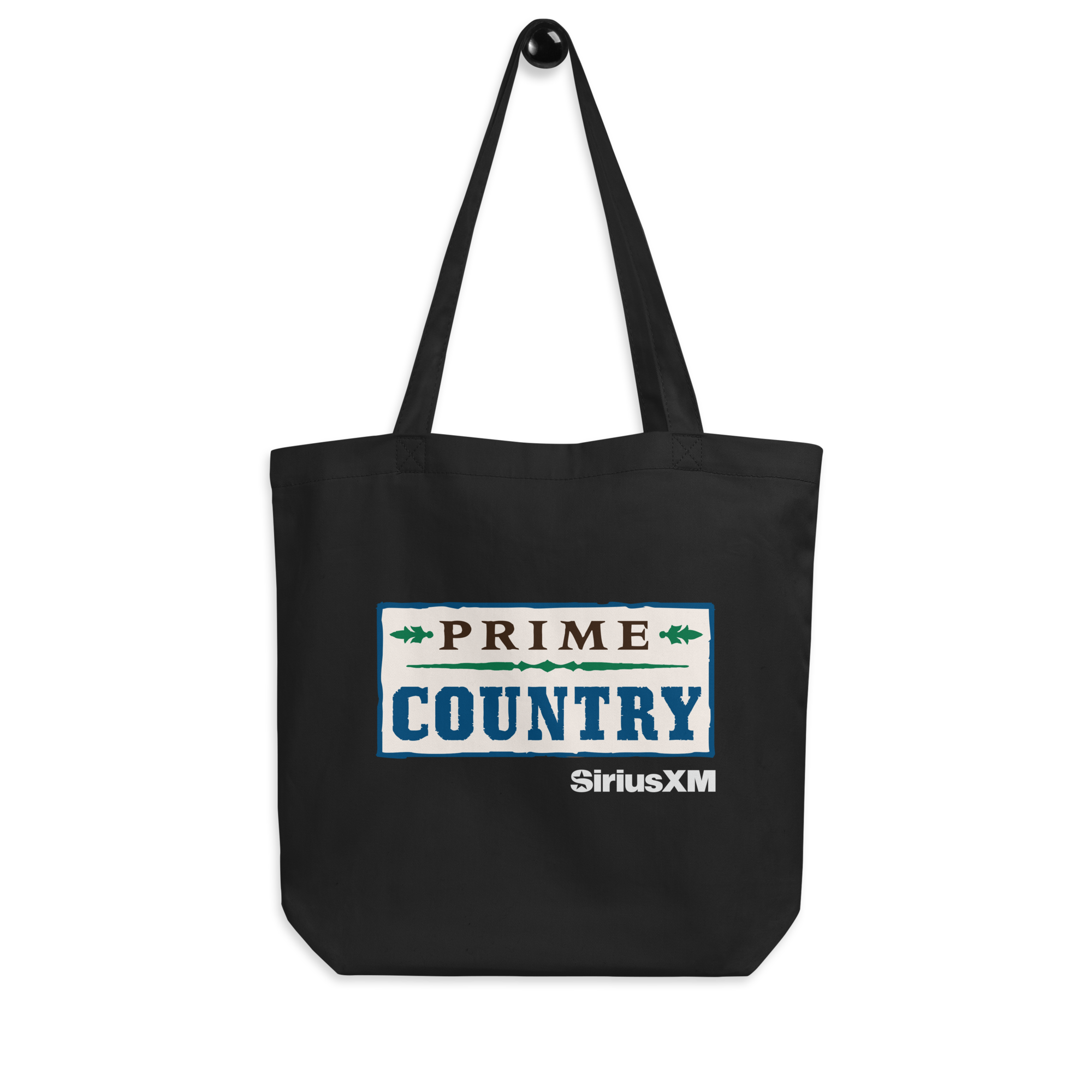 Black tote bag featuring 'Prime Country' logo and 'SiriusXM' branding.