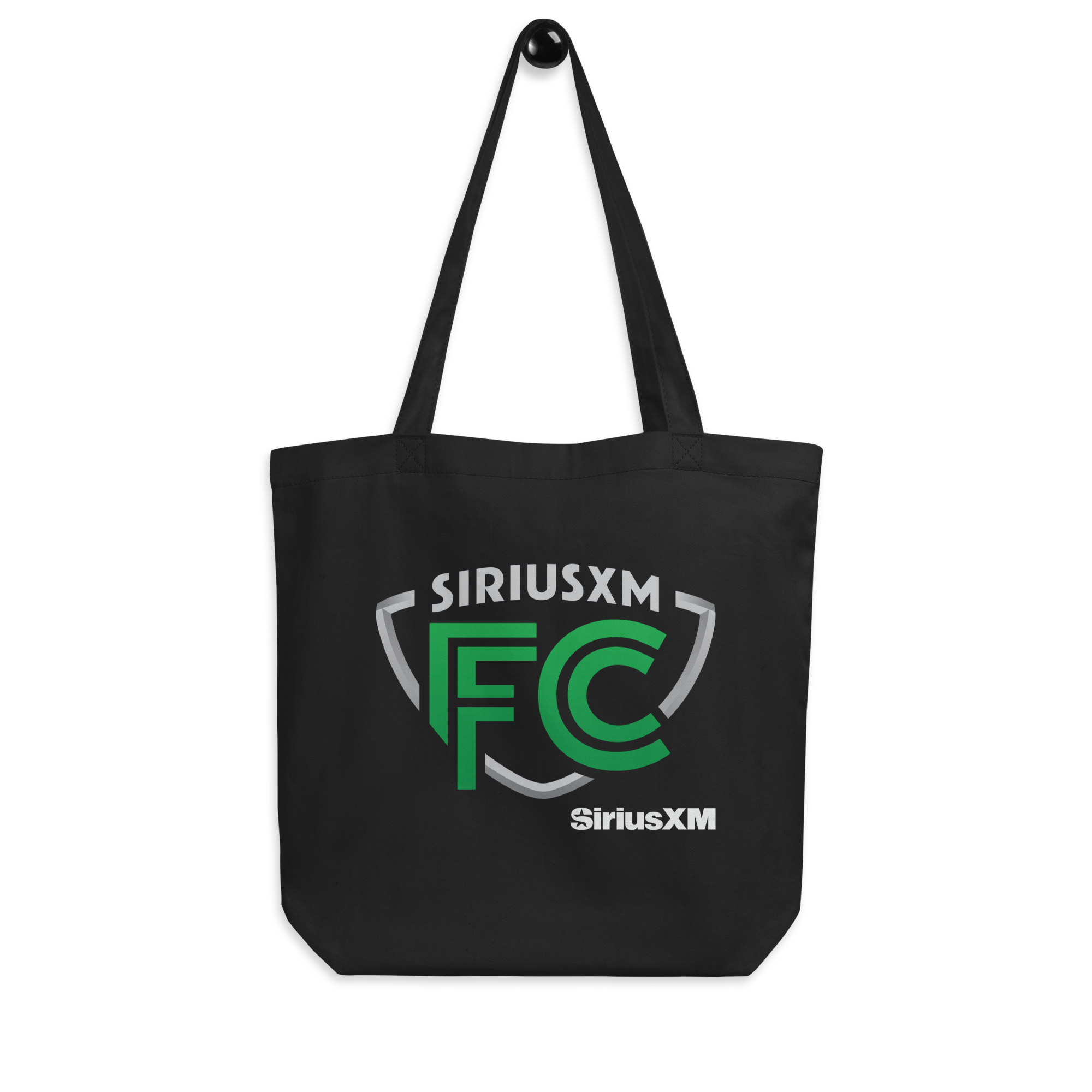 Black tote bag featuring the 'SiriusXM FC' logo in green and grey and 'SiriusXM' branding.