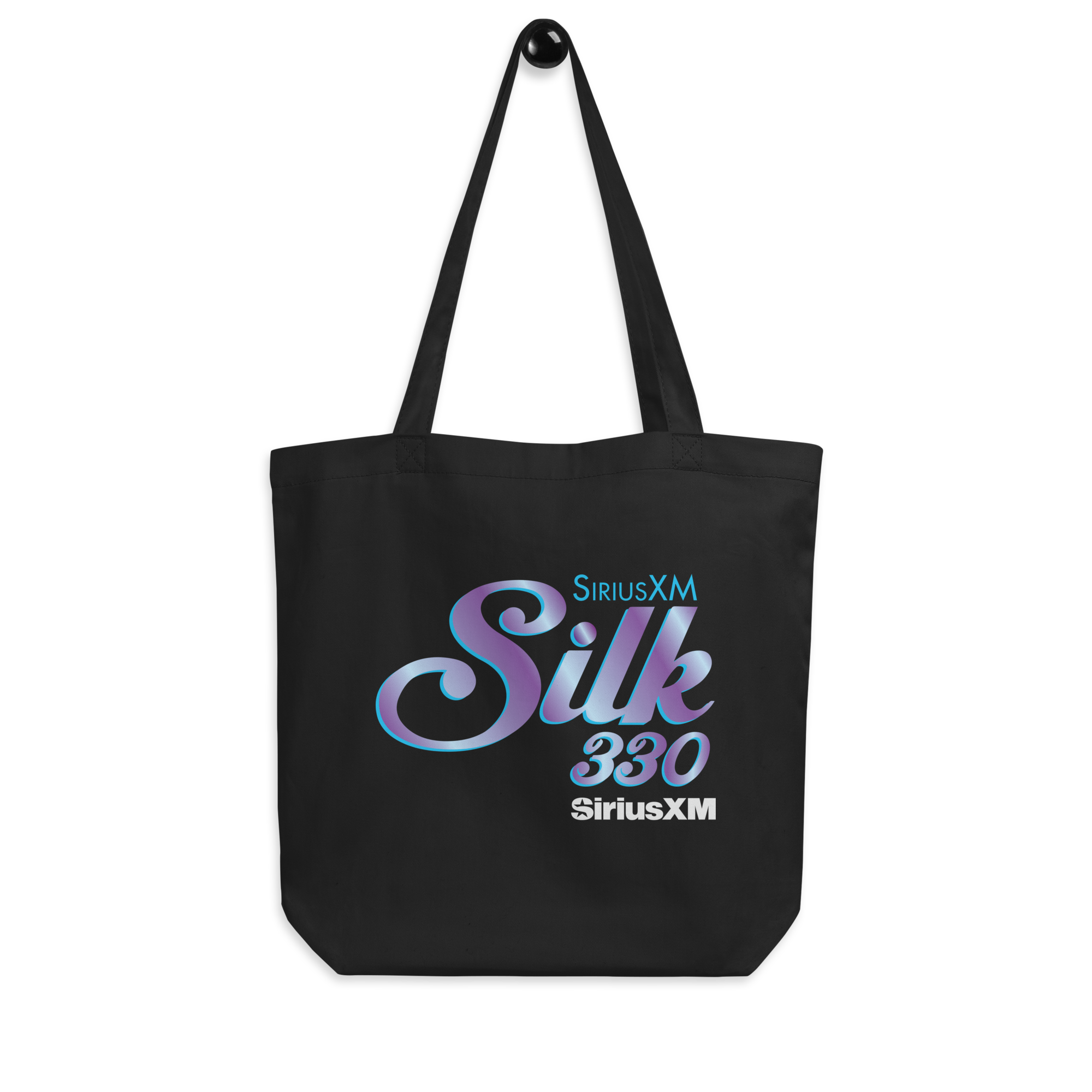 Black tote bag featuring the 'SiriusXM' logo and the text 'Silk 330' in blue and purple gradient.