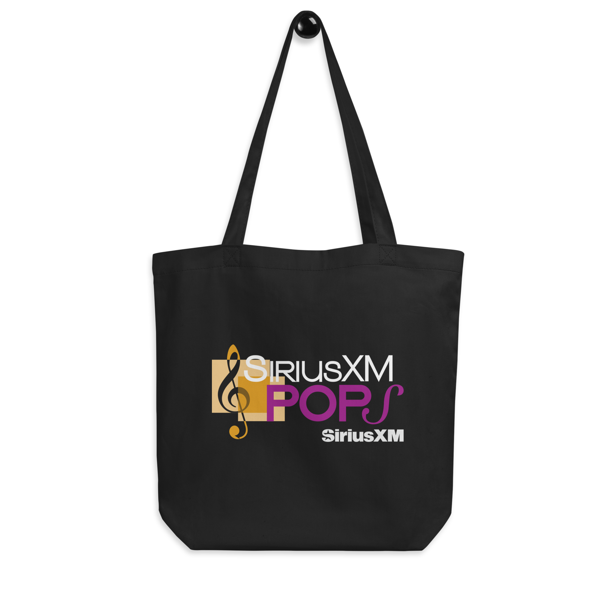 A black tote bag featuring the 'SiriusXM Pops' logo in white, gold and purplel text and a musical note design.