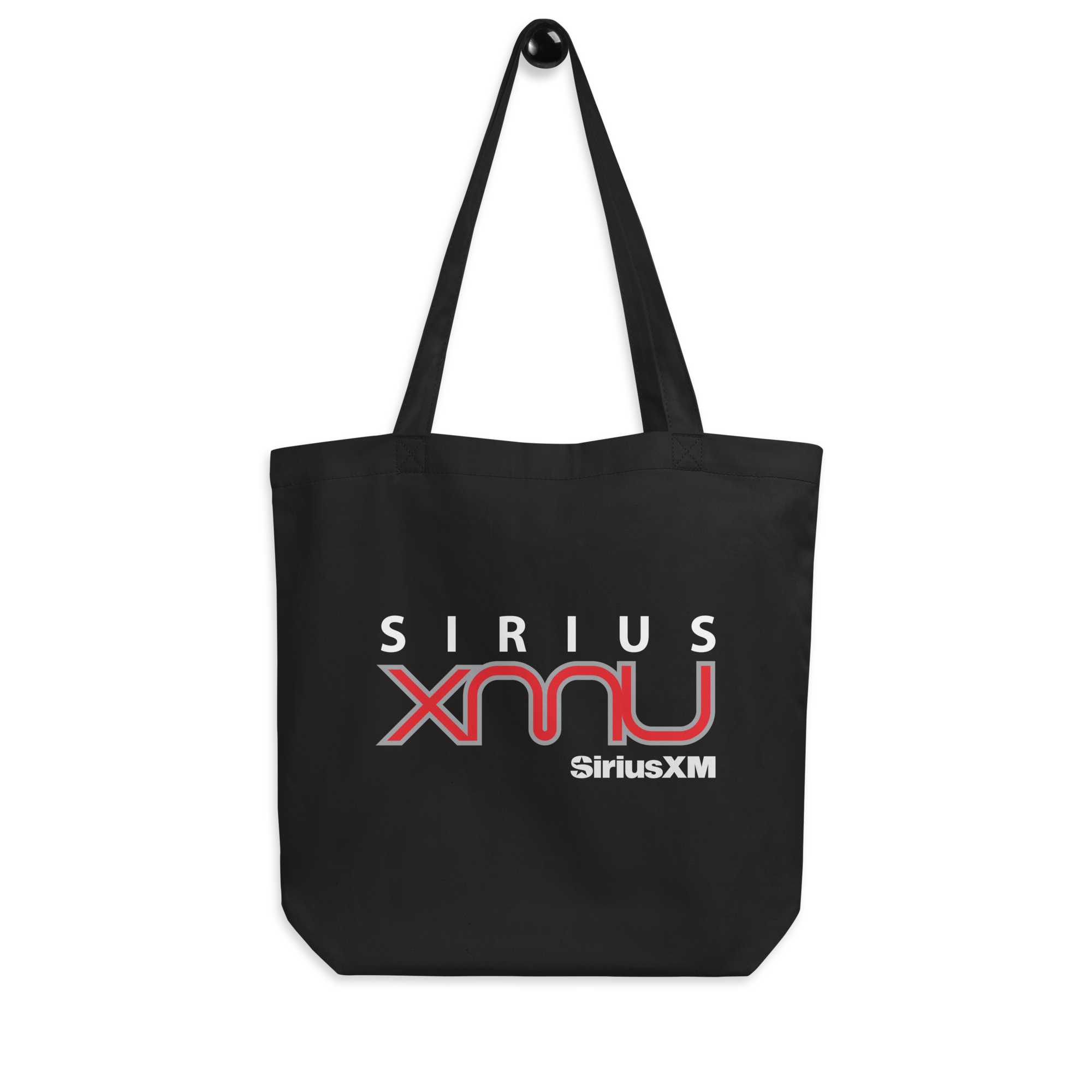 Black tote bag featuring the 'Sirius XMU' logo in red and white text.