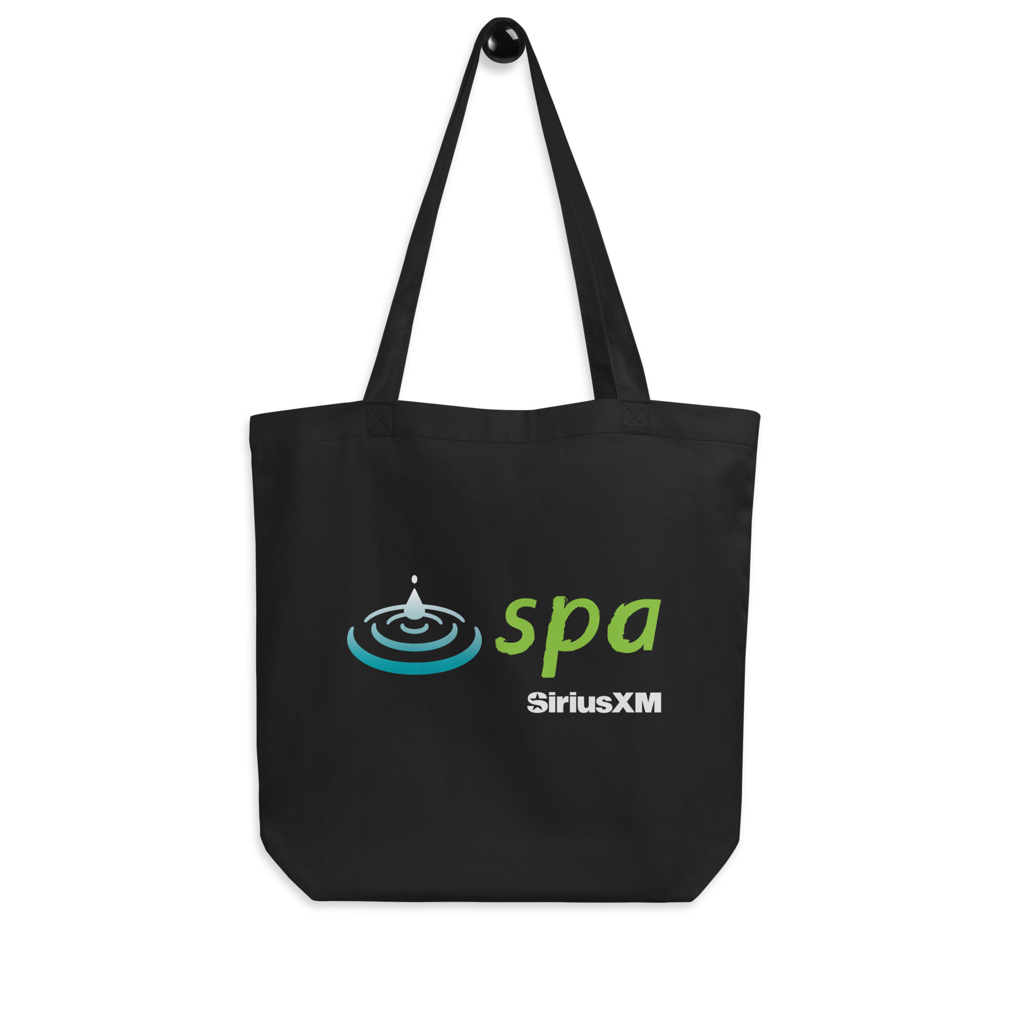 Black tote bag featuring the text 'spa' in green with a water drop design in blue  and 'SiriusXM' logo in white.