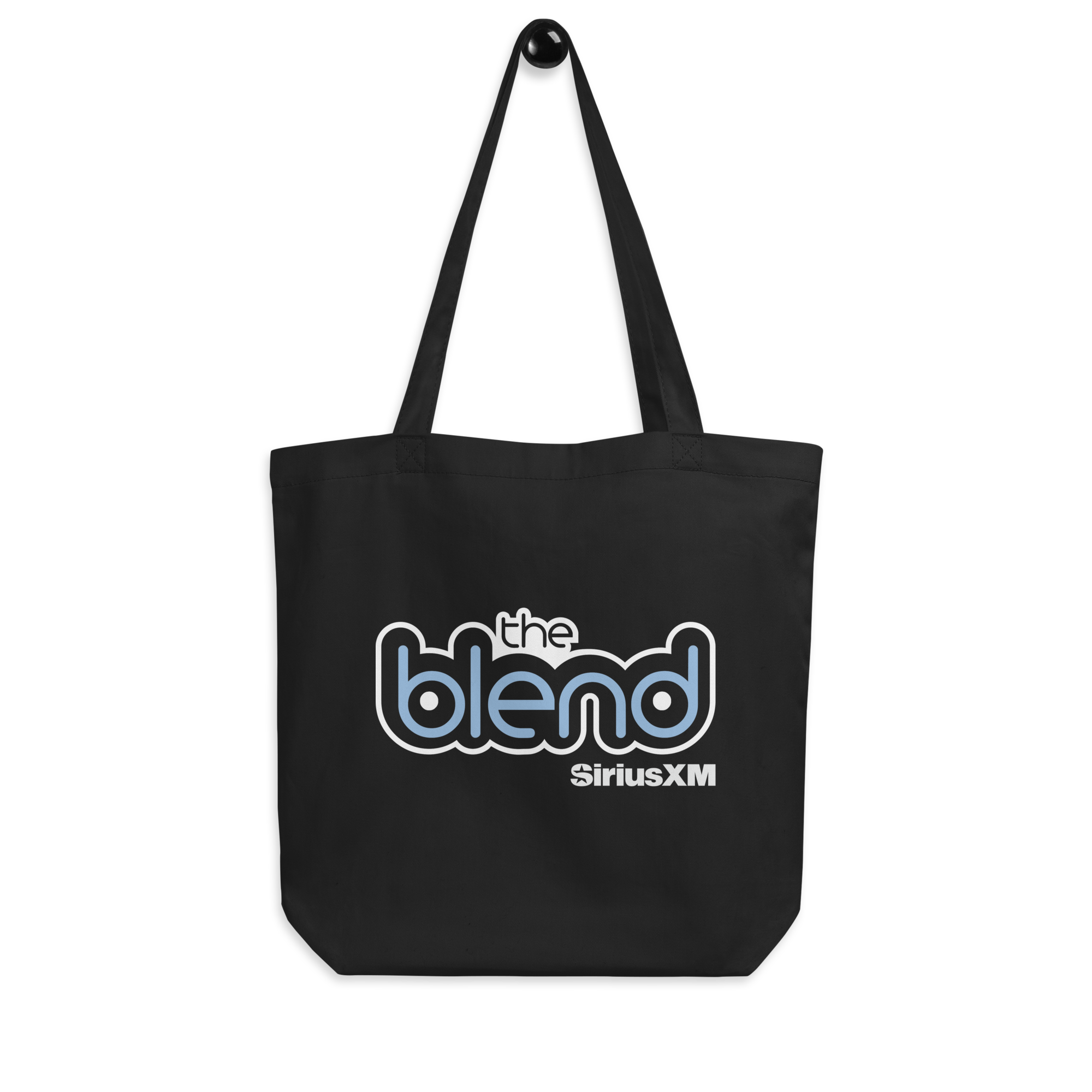 Black tote bag featuring 'the blend' logo and 'SiriusXM' in blue and white text on black background.