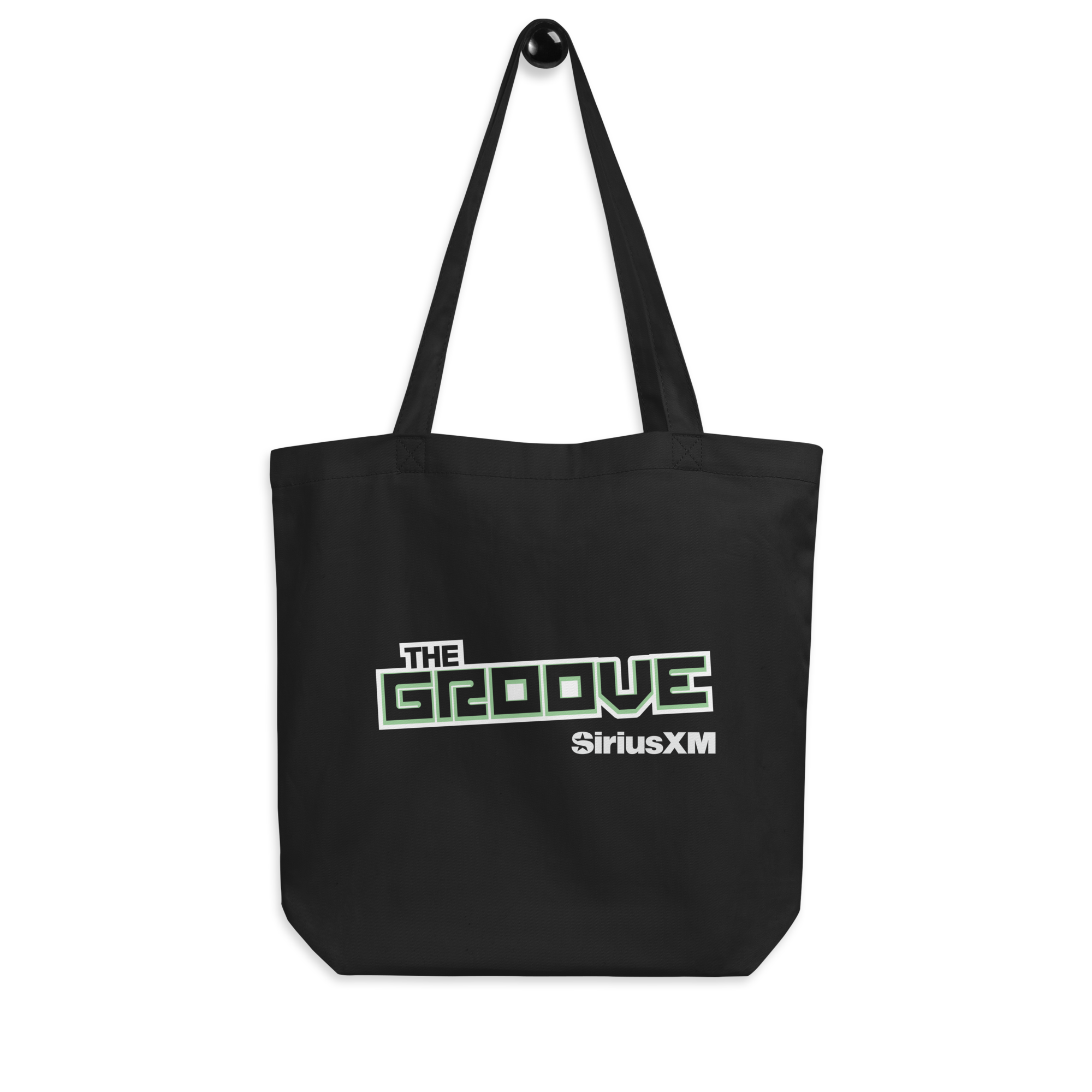 Black tote bag featuring 'THE GROOVE' and 'SiriusXM' logo in bold lettering.