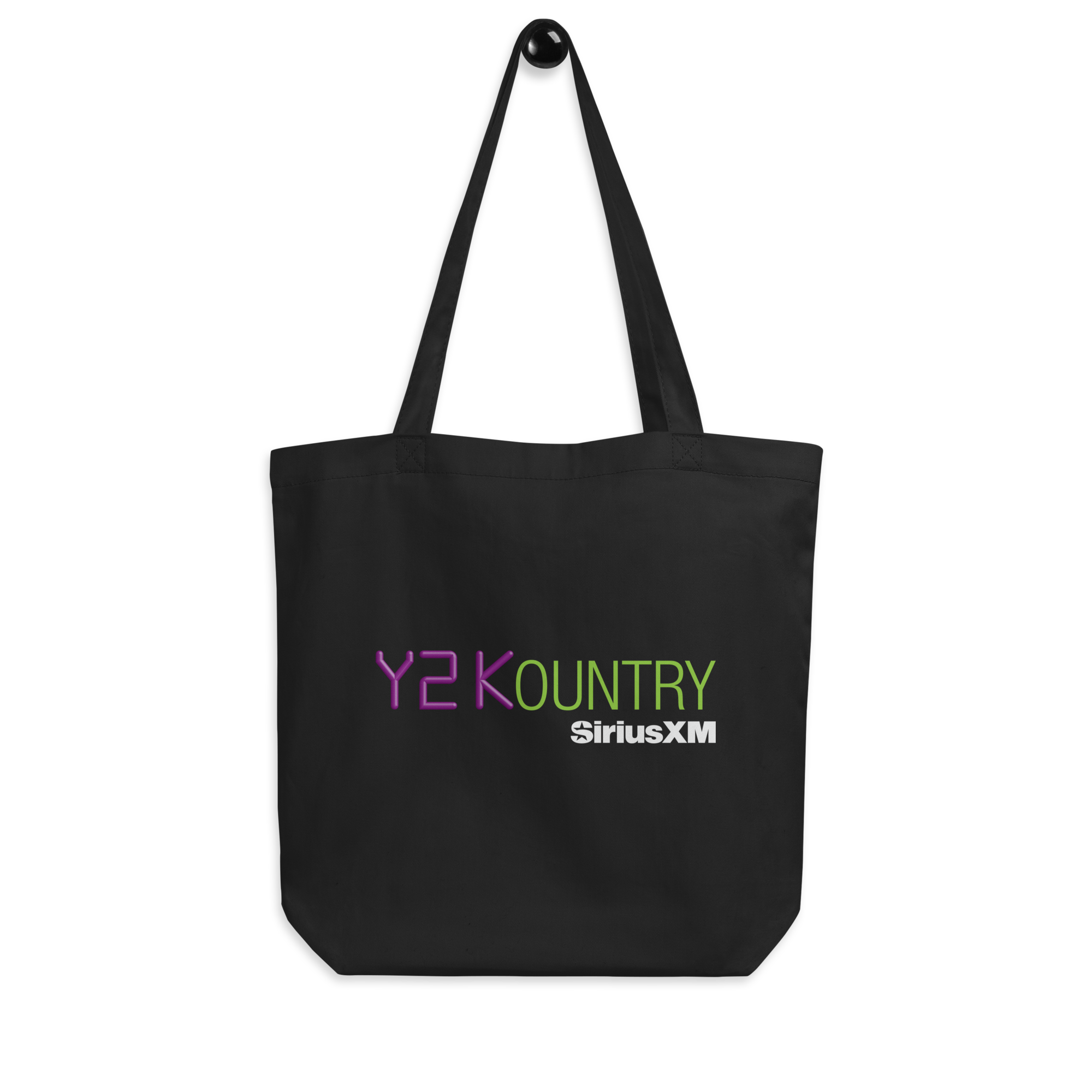 Black tote bag featuring the text 'Y2 Kountry SiriusXM' in vivid purple and green letters.