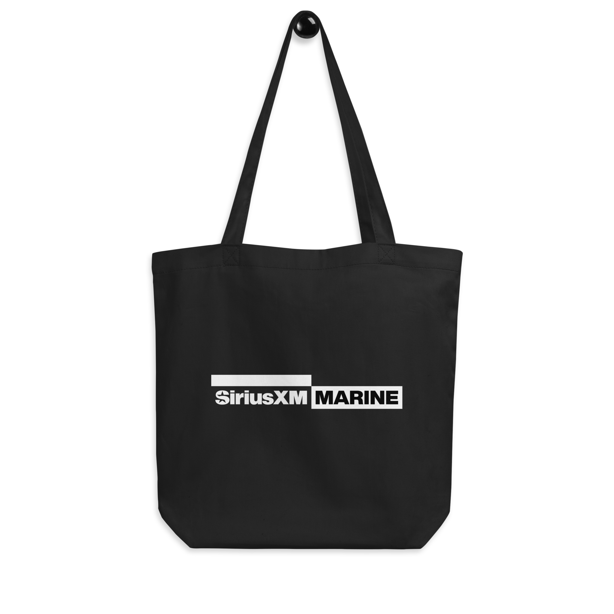 Black tote bag featuring the 'SiriusXM MARINE' logo in white.