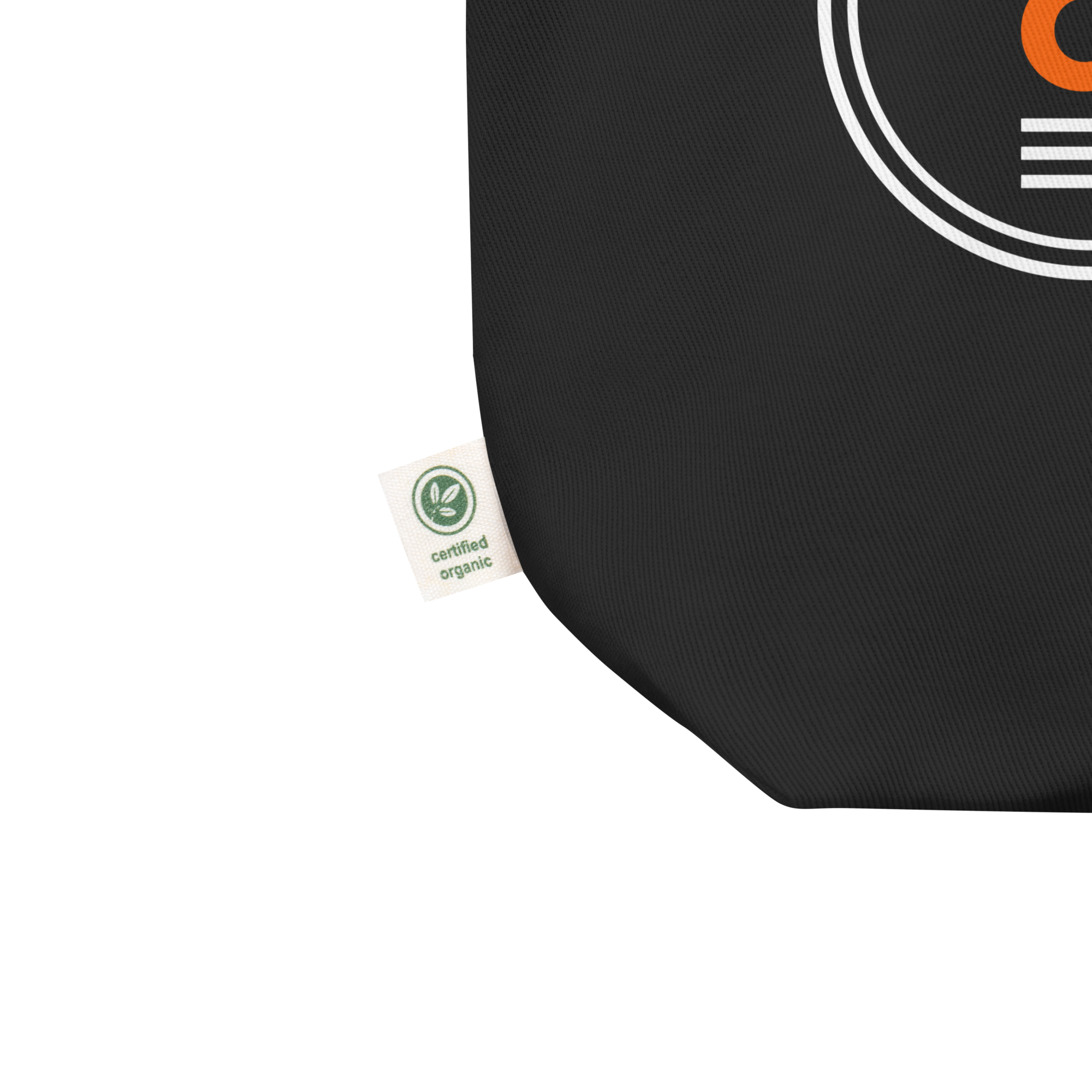 Black tote bag with a circular logo and a 'certified organic' tag.