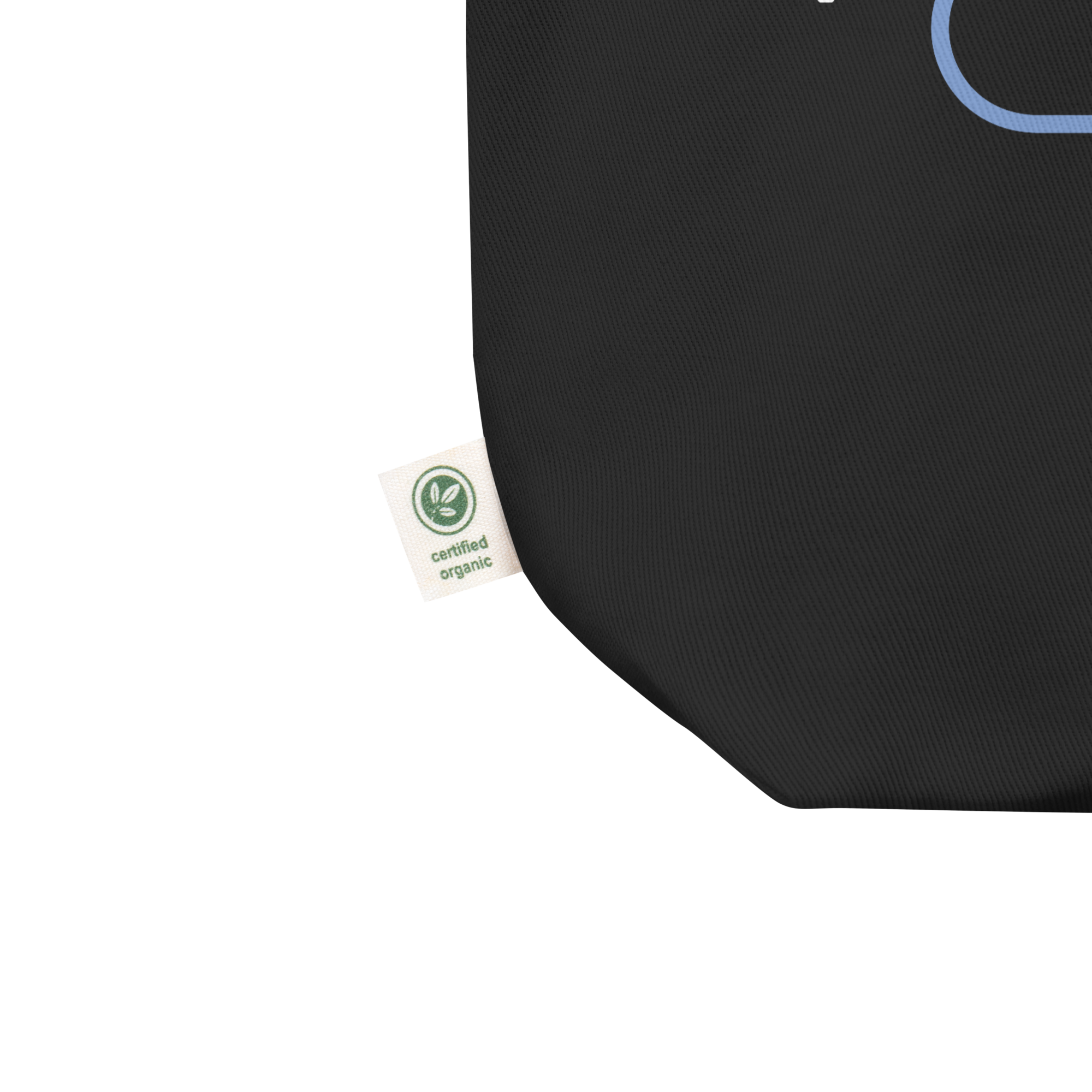 Black bag featuring a blue logo and a label reading 'certified organic.'