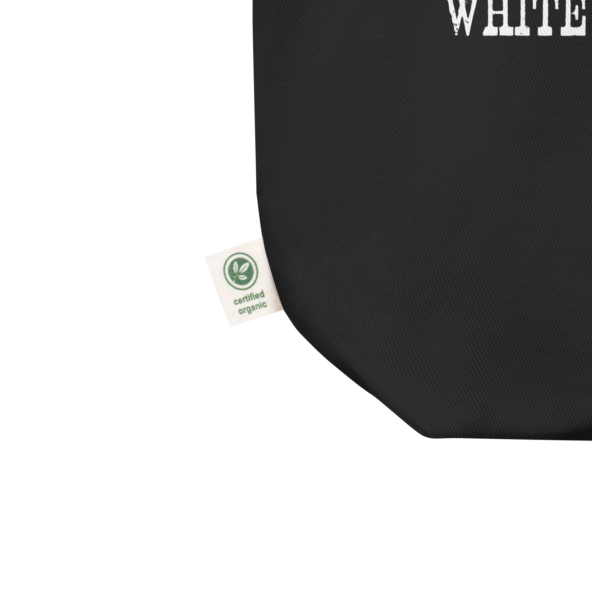 Black tote with white text and a label indicating 'certified organic' in green.