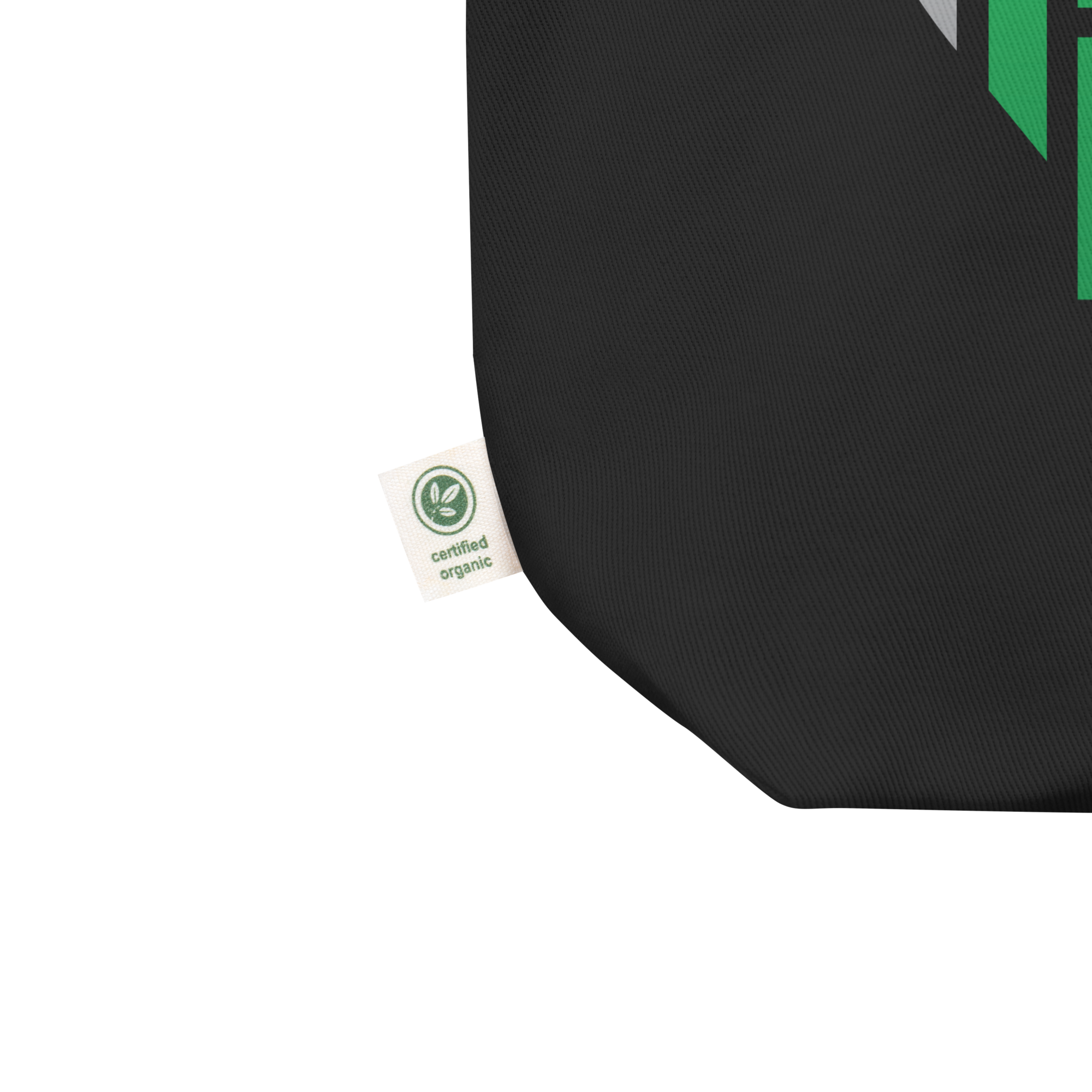 Black fabric with a green and grey design, featuring a 'certified organic' tag.