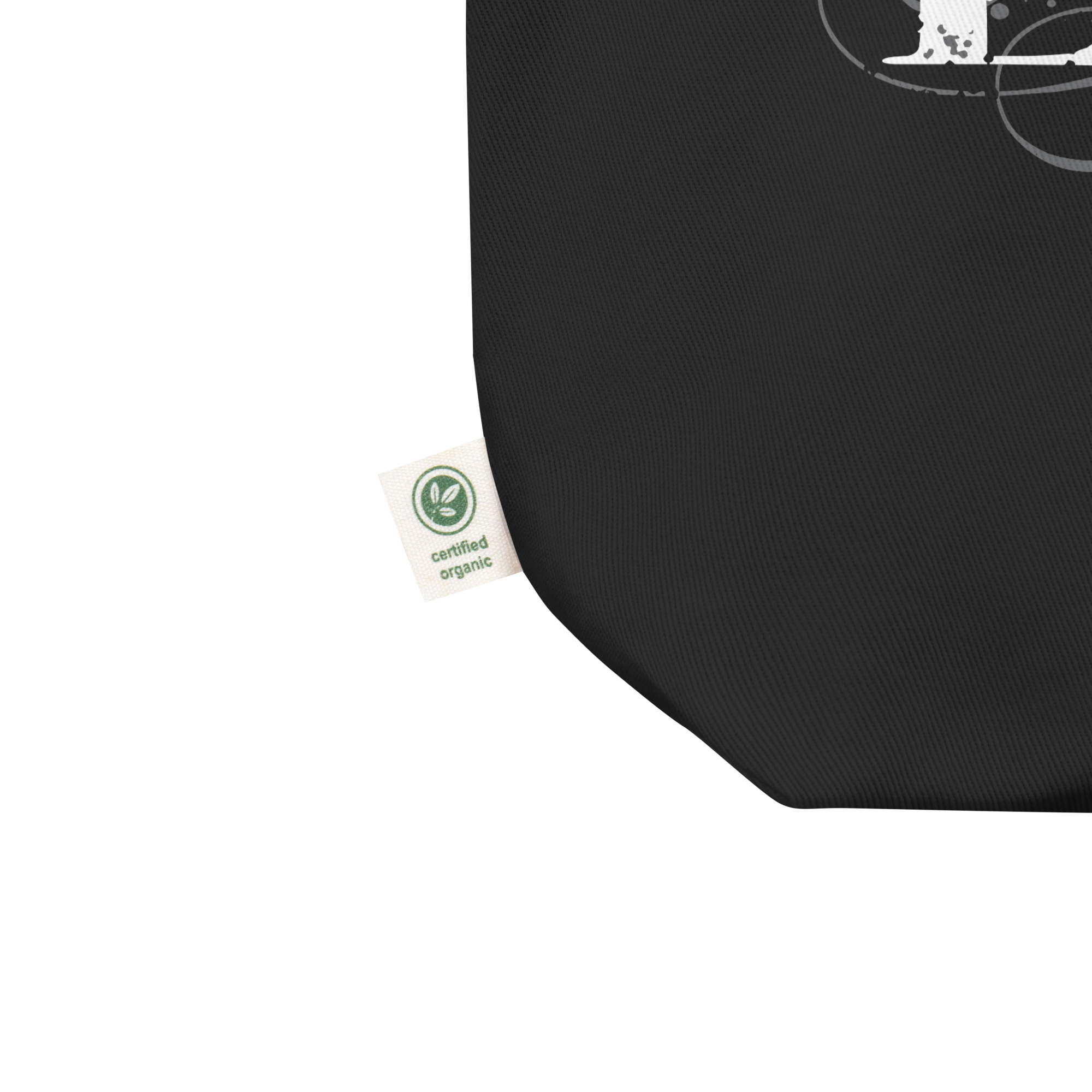 Black bag with a white design, featuring a small tag that reads 'certified organic.'