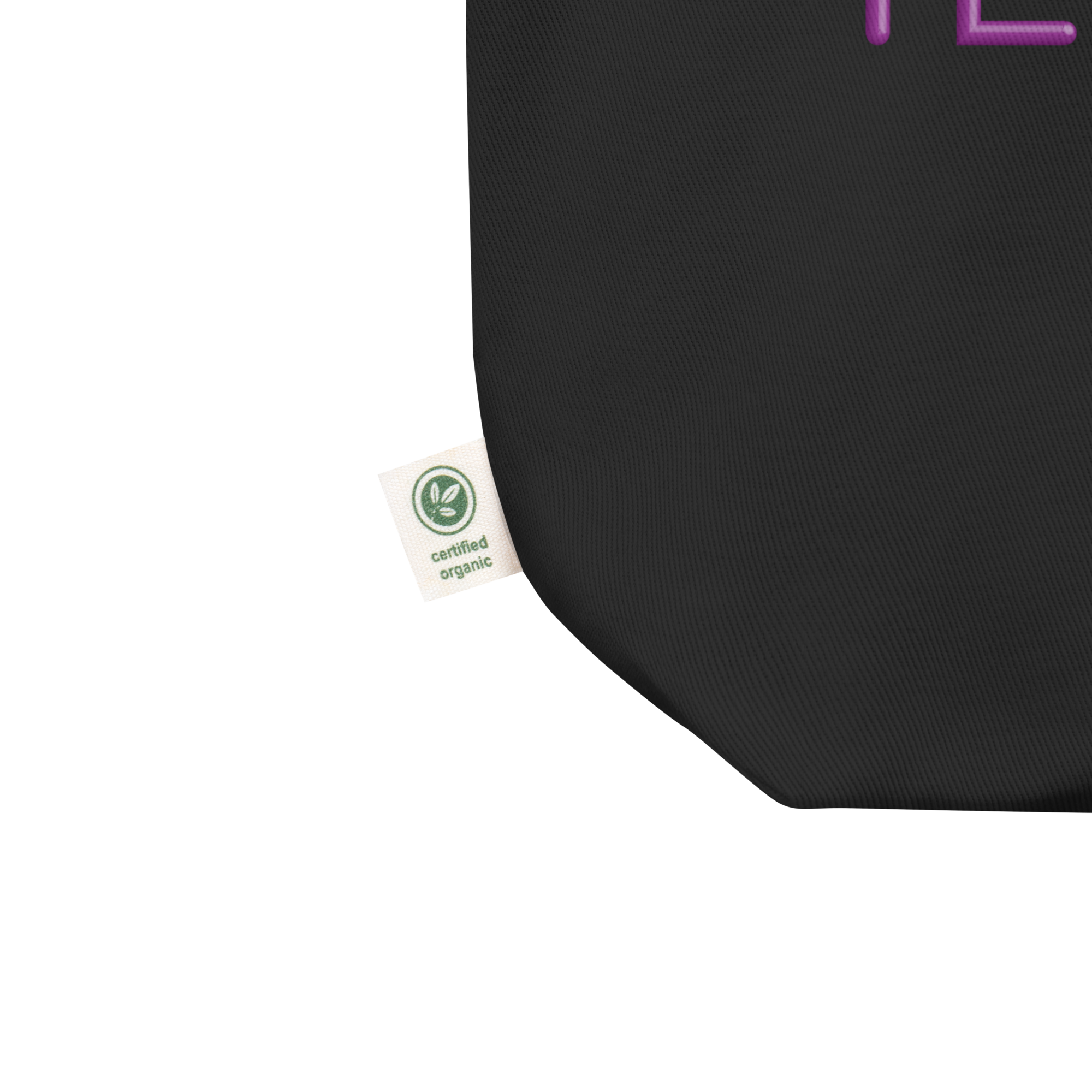 Black tote bag with 'PLANT' text and a small label that reads 'certified organic.'