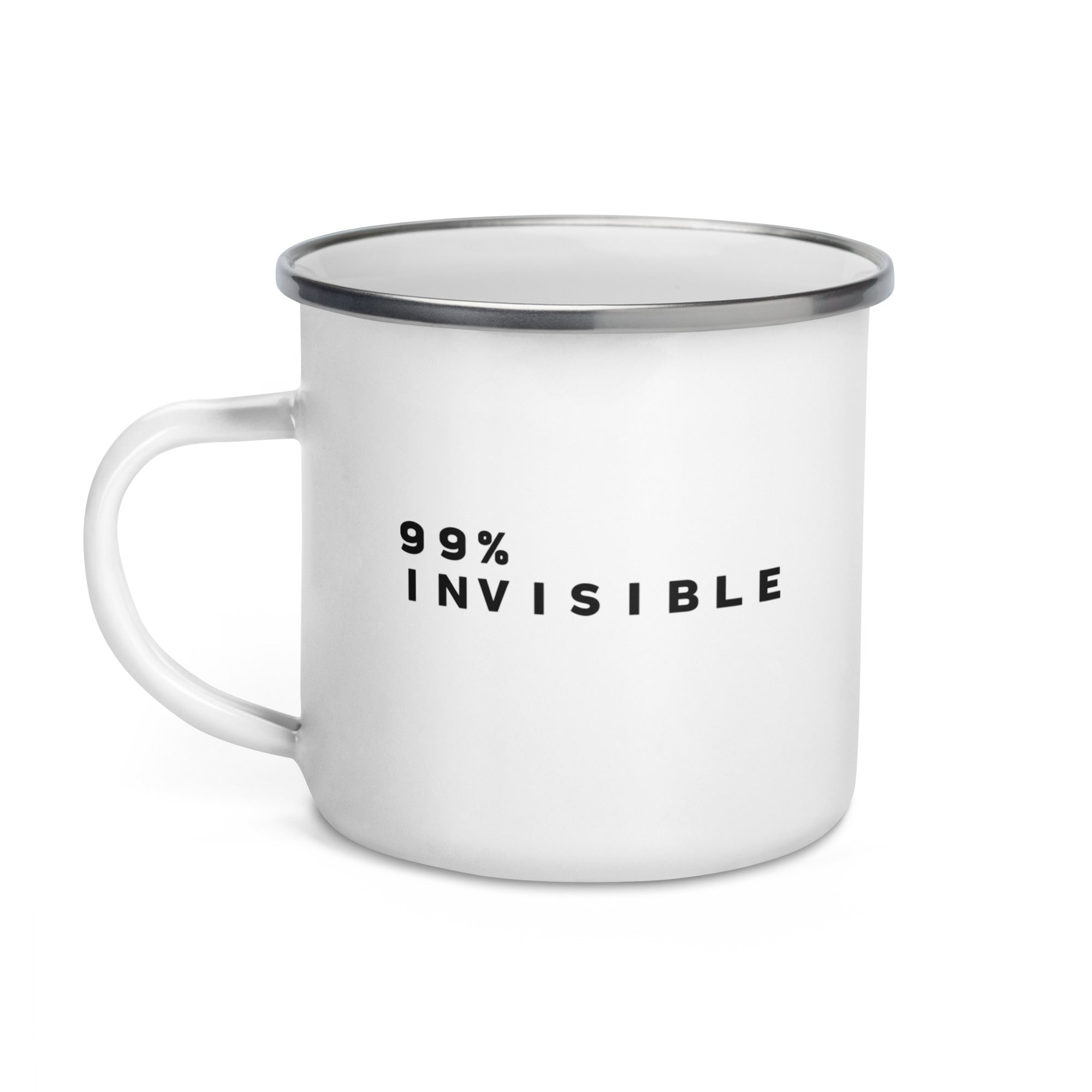 A white mug with a silver rim featuring '99% INVISIBLE' in black letters.