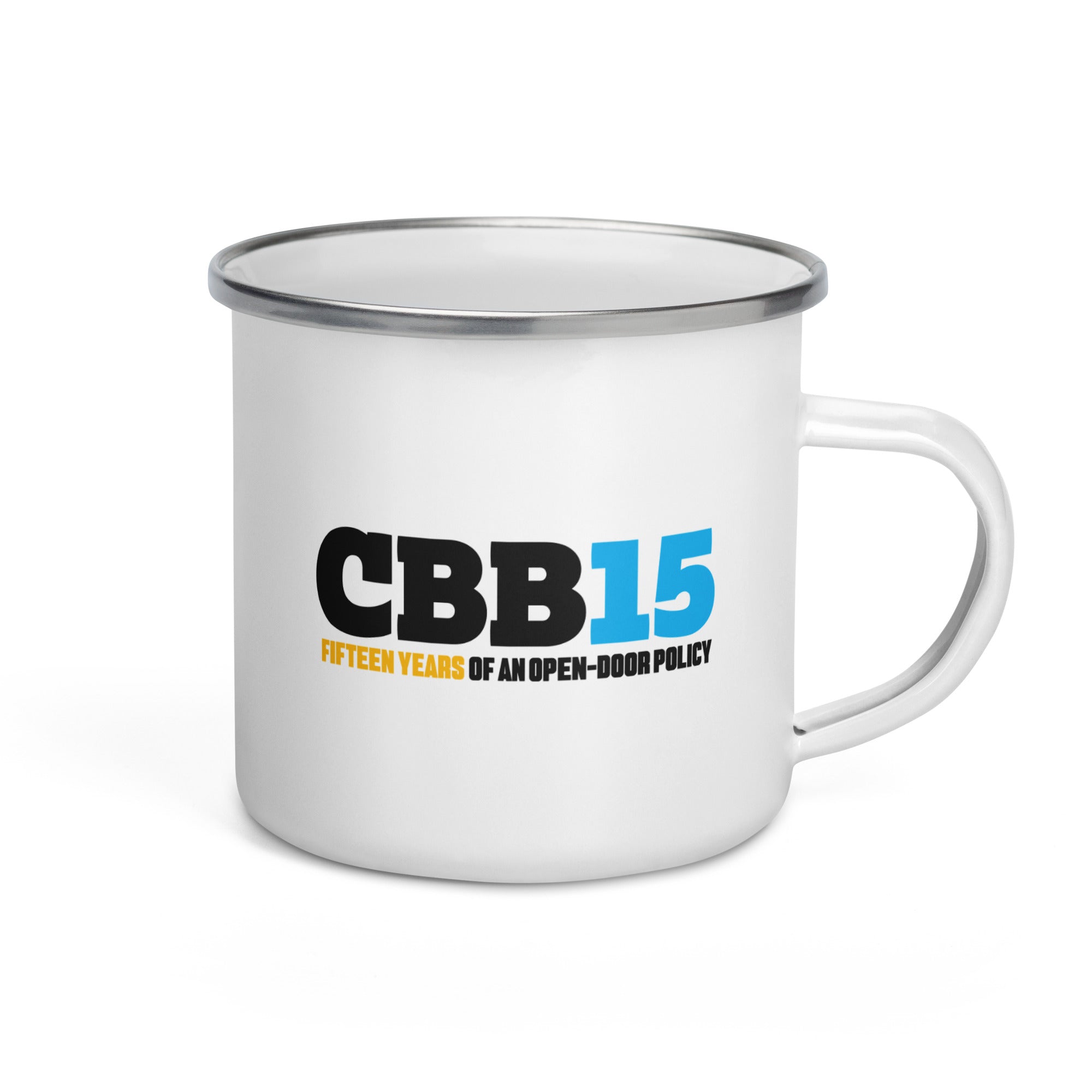 Back side of white enamel mug with 'CBB15 Fifteen Years of an Open-Door Policy' printed in black and blue text and handle on the right.