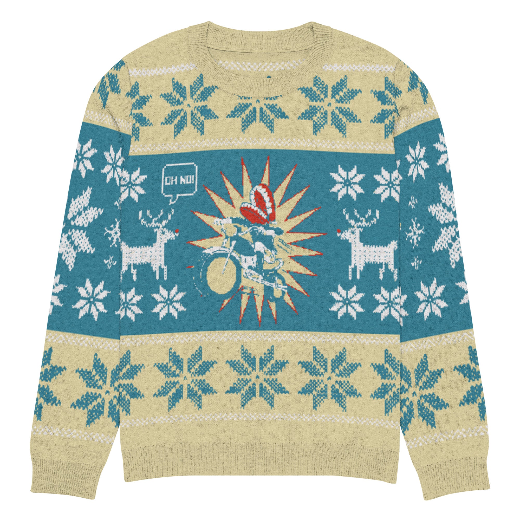 A colorful holiday sweater, in a soft yellow and a vivid blue featuring Motornouth on a motorcycle, a reindeer, and the text 'OH NO!' surrounded by festive snowflakes and star designs.