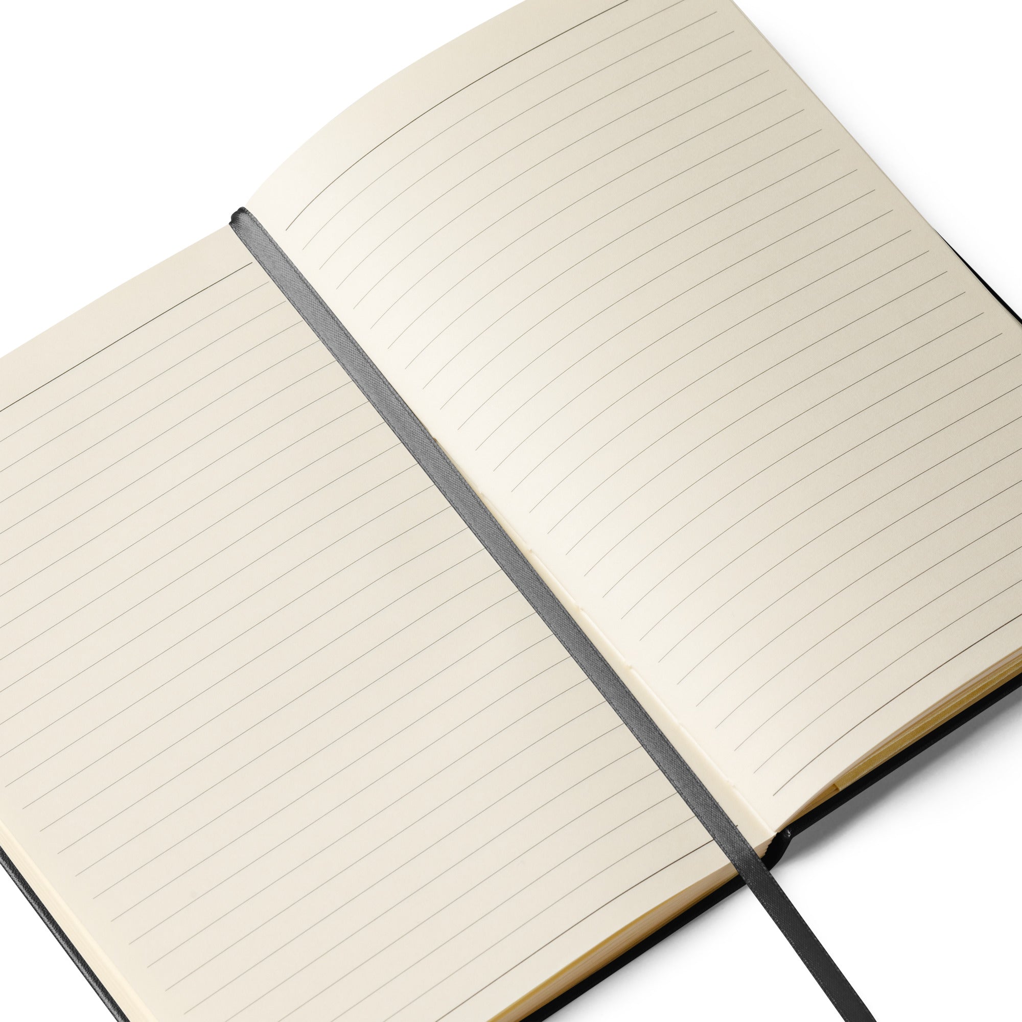 An open view of the black notebook, revealing lined cream-colored pages with a built-in black ribbon bookmark running down the center.