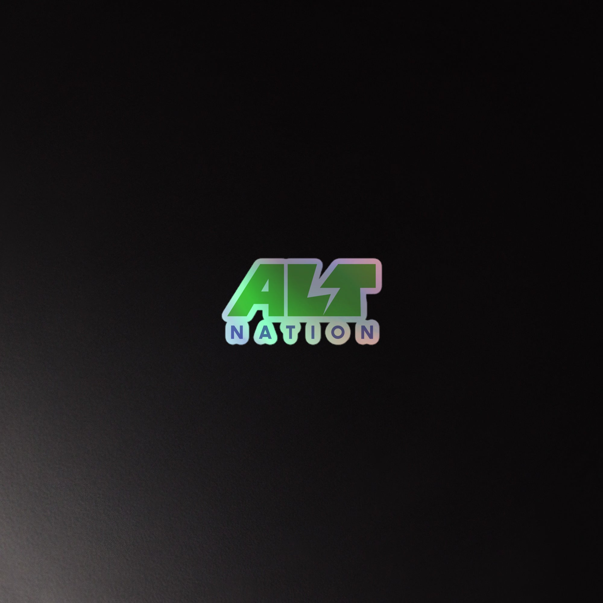 Holographic sticker of 'Alt Nation' logo with green and pastel gradient text on a black background