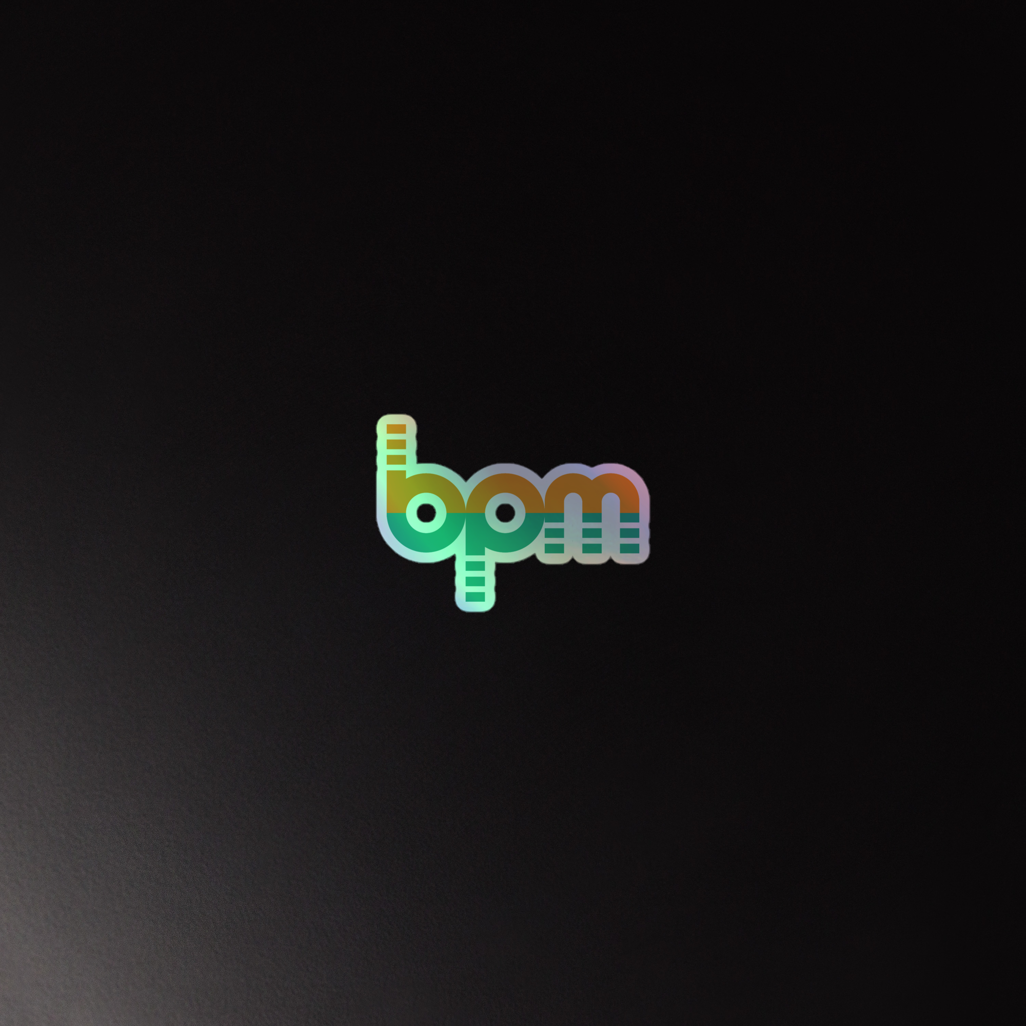 Holographic sticker of the colorful 'bpm' logo set against a dark background, featuring wave-like patterns and varying gradients.