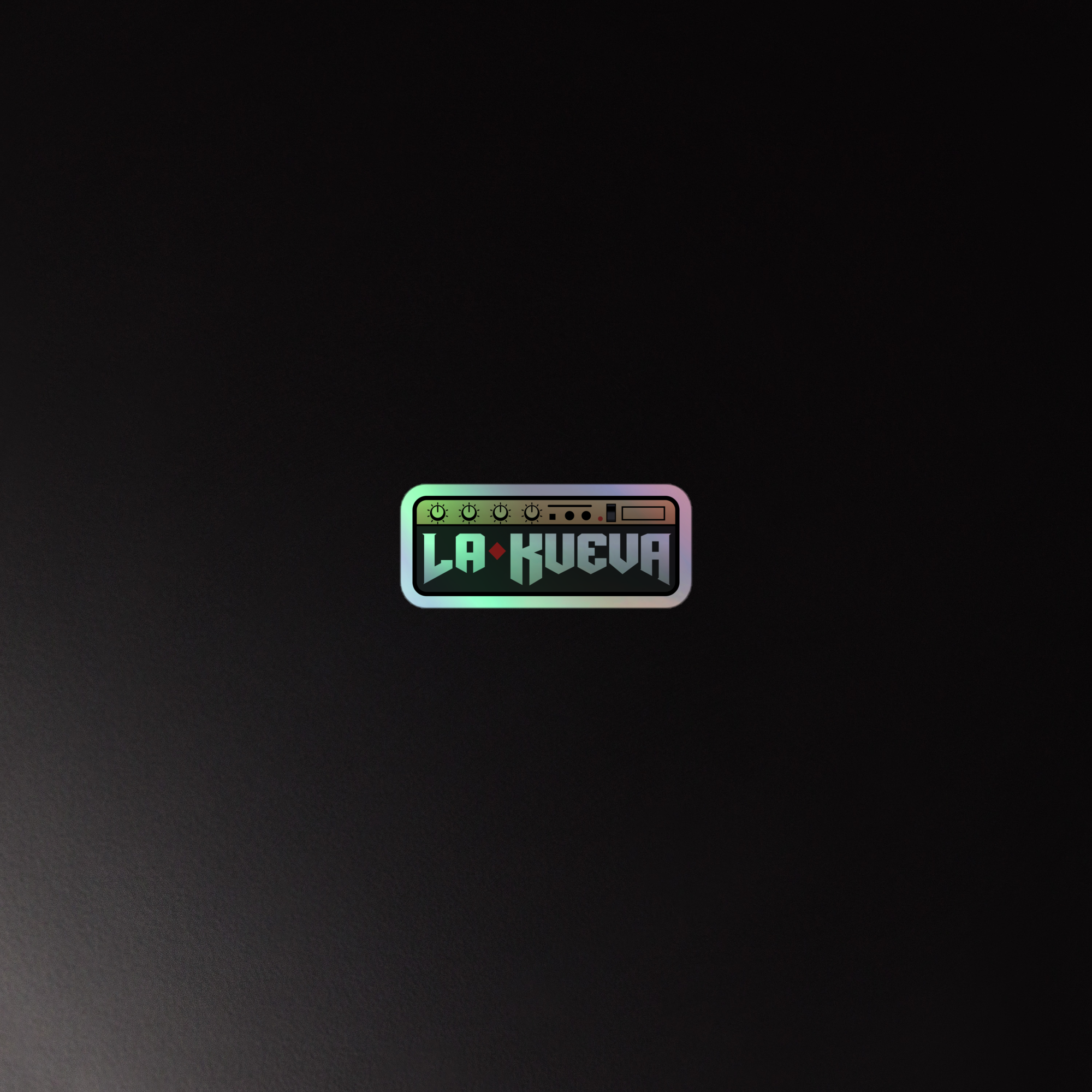 Holographic sticker of the 'La Cueva' logo on a dark background with a colorful design and sound control elements.