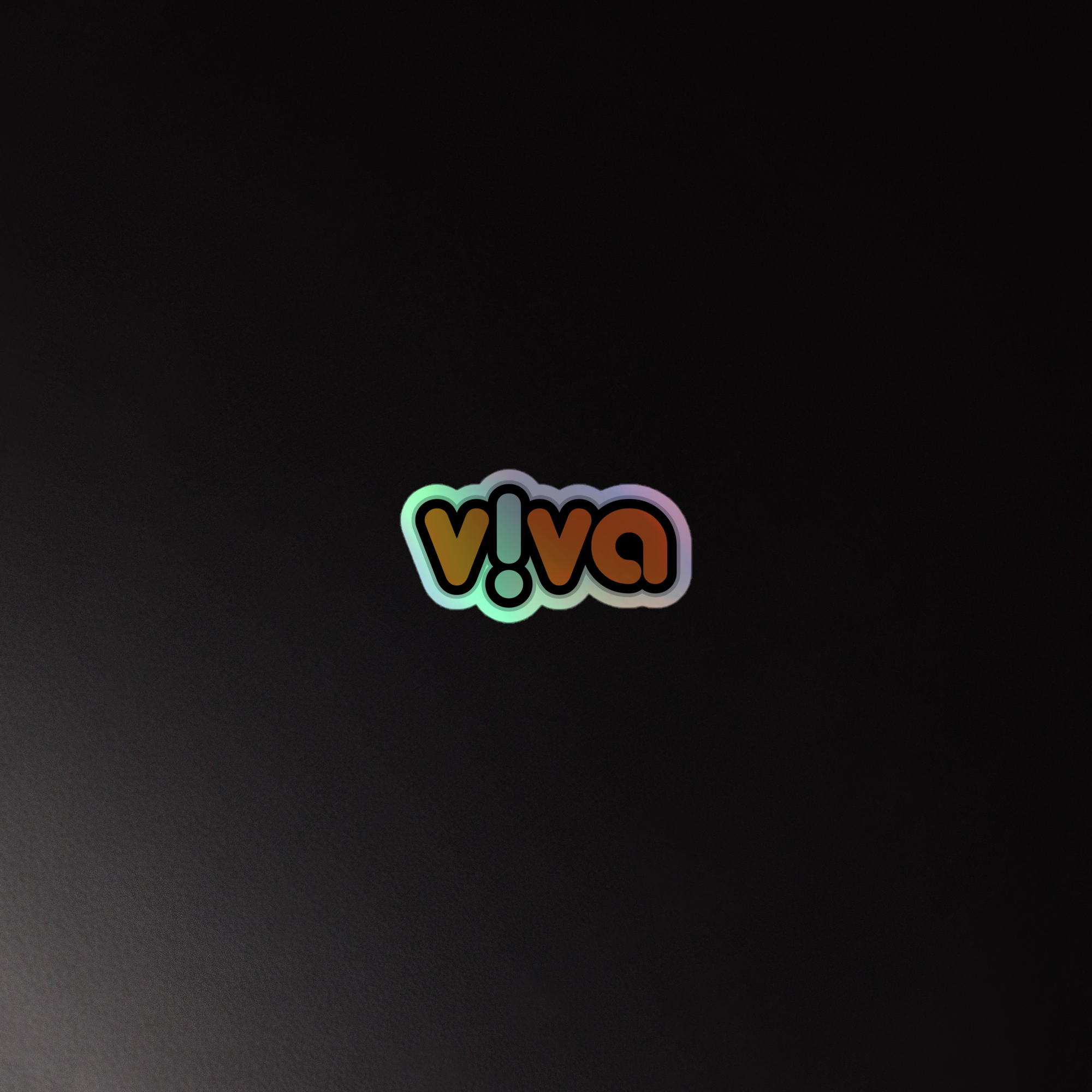 Colorful holographic sticker of the 'v!va' logo on a dark background.