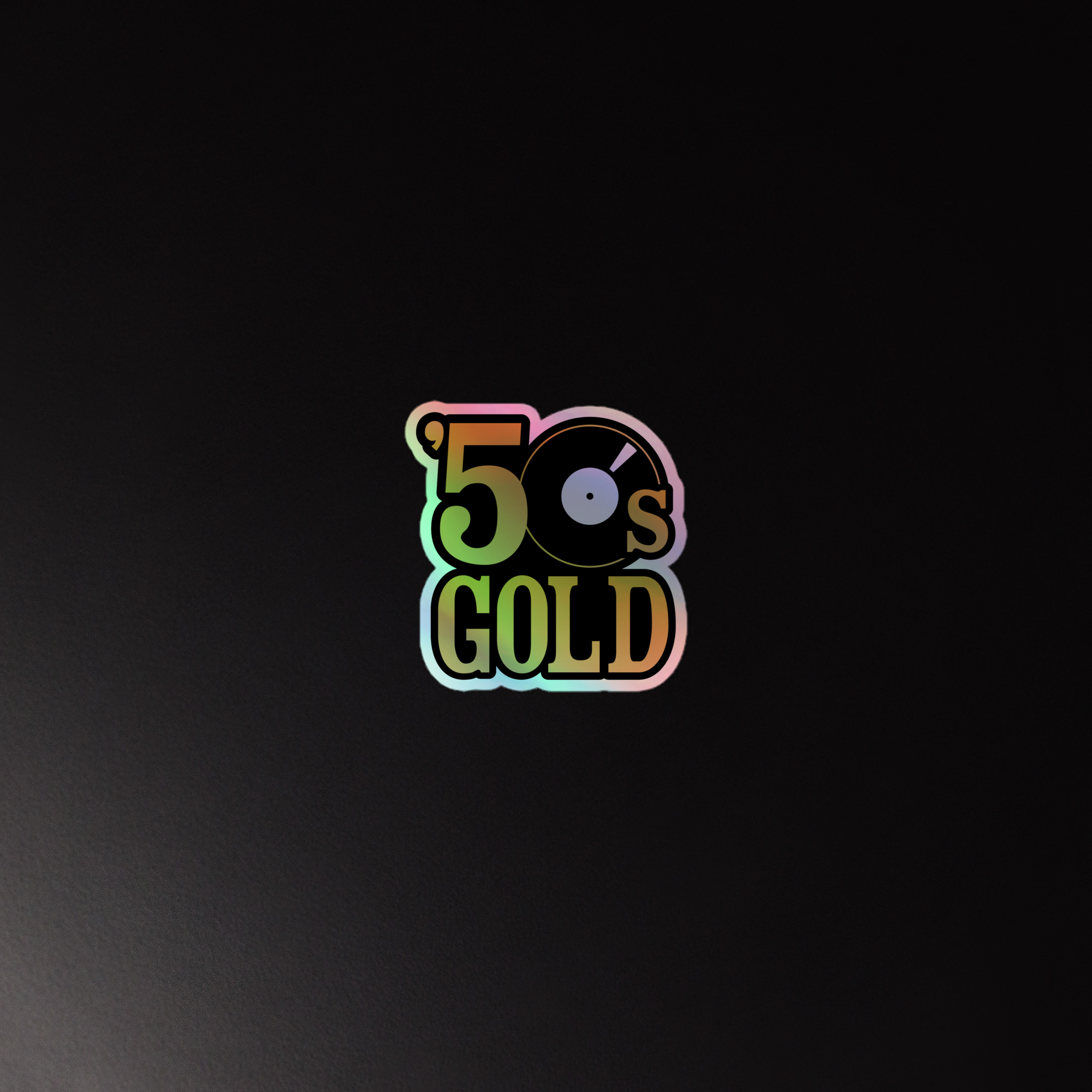 Sticker with the text ''50s GOLD' and a vinyl record graphic on a black background.