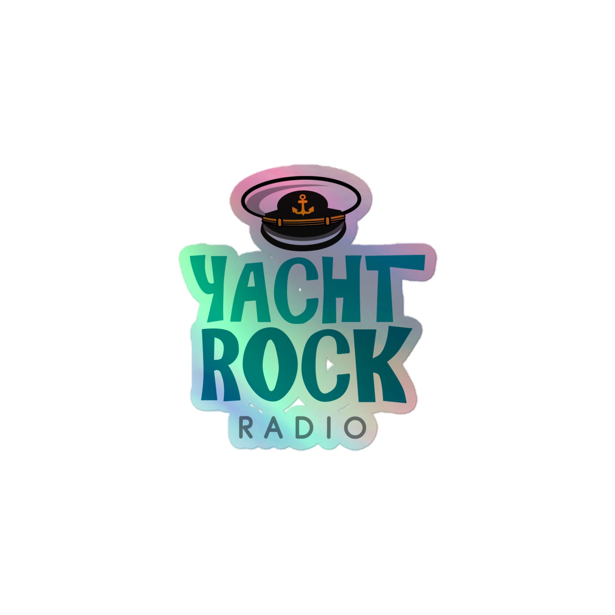 Holographic sticker of 'Yacht Rock Radio' logo featuring a captain's hat and colorful text design.