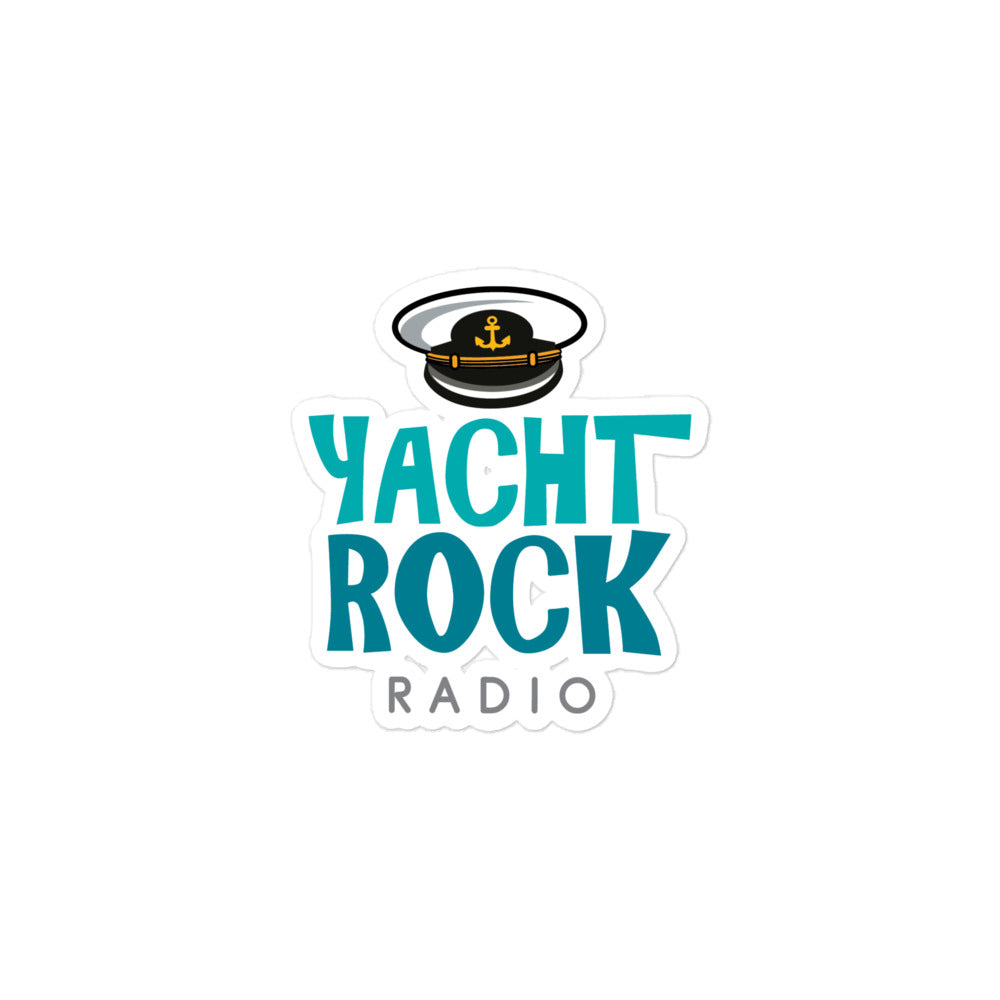 A sticker of the 'Yacht Rock Radio' logo in of aquamarine colored text, featuring a captain's hat.