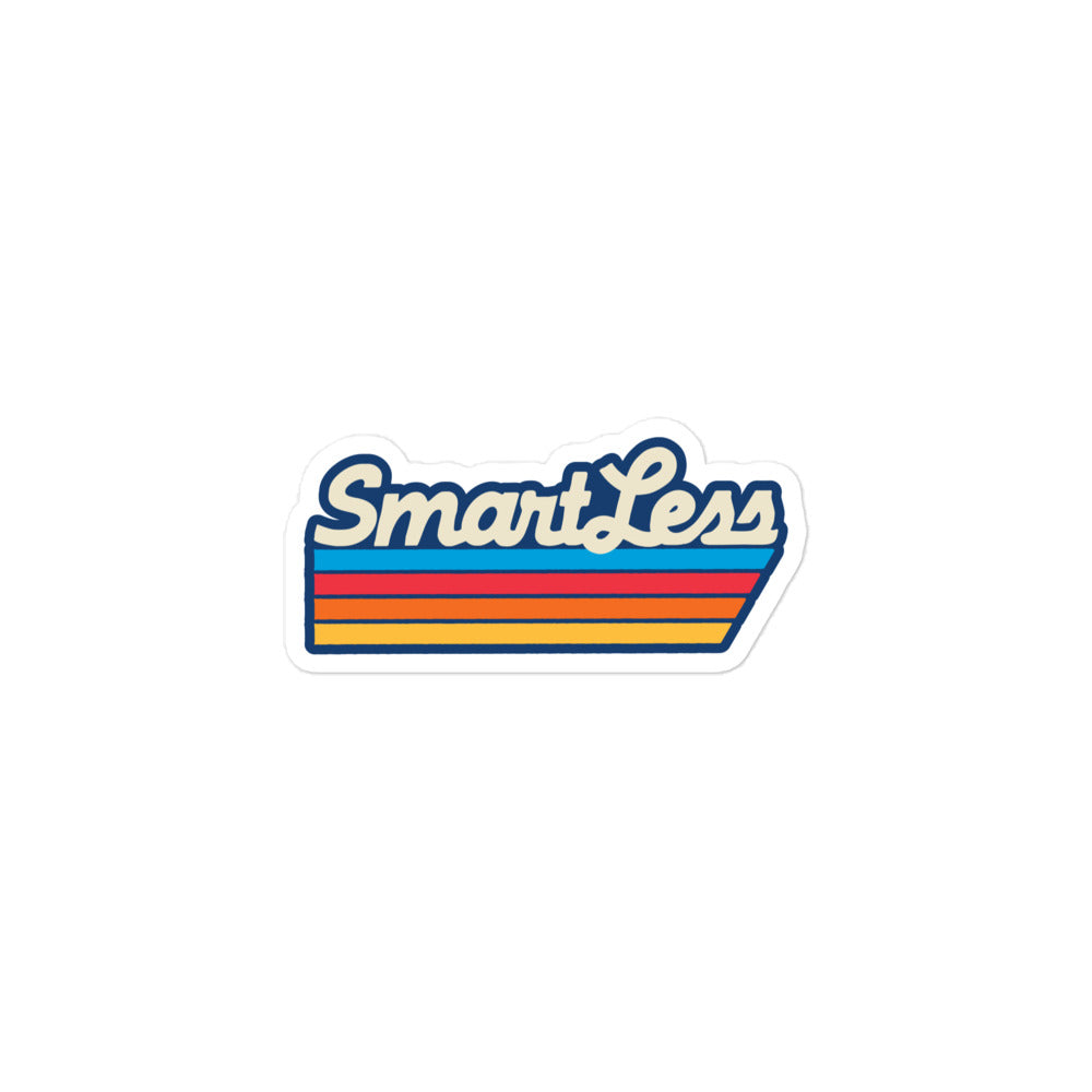 Sticker with the text 'SmartLess' in a stylized font, featuring blue, orange, and yellow stripes beneath.