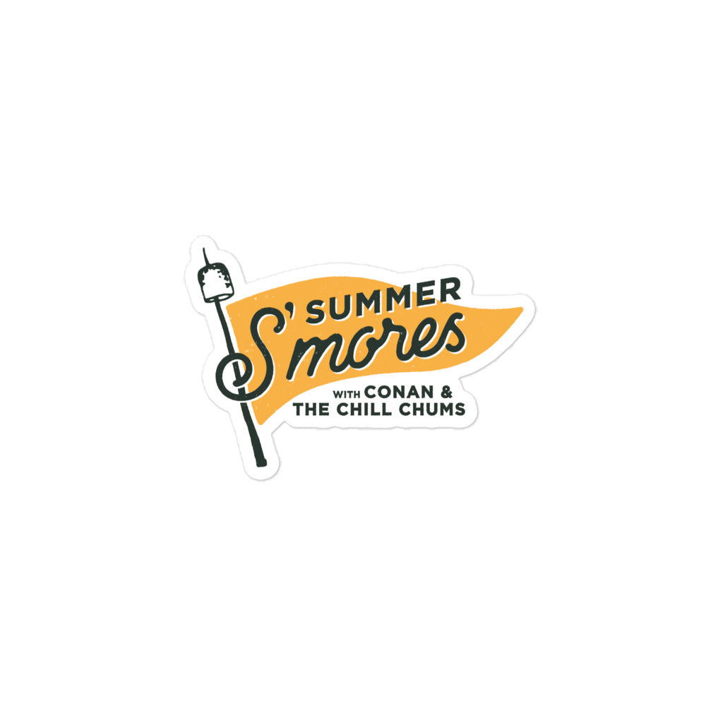 Logo sticker for 'Summer S'mores with Conan & The Chill Chums' featuring a campfire marshmallow on a stick and yellow pennant design.'