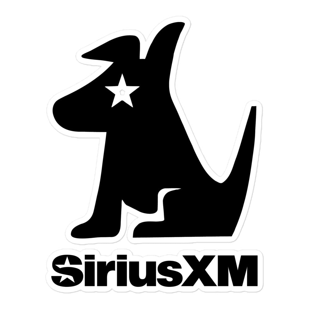 Sticker of black silhouette of the Stella dog mascot with a star for her eye, accompanied by the 'SiriusXM' logo below.