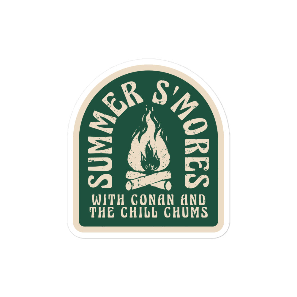 Sticker design featuring the text 'SUMMER S'MORES' with an illustration of a campfire, and the subtitle 'WITH CONAN AND THE CHILL CHUMS' on a green background.