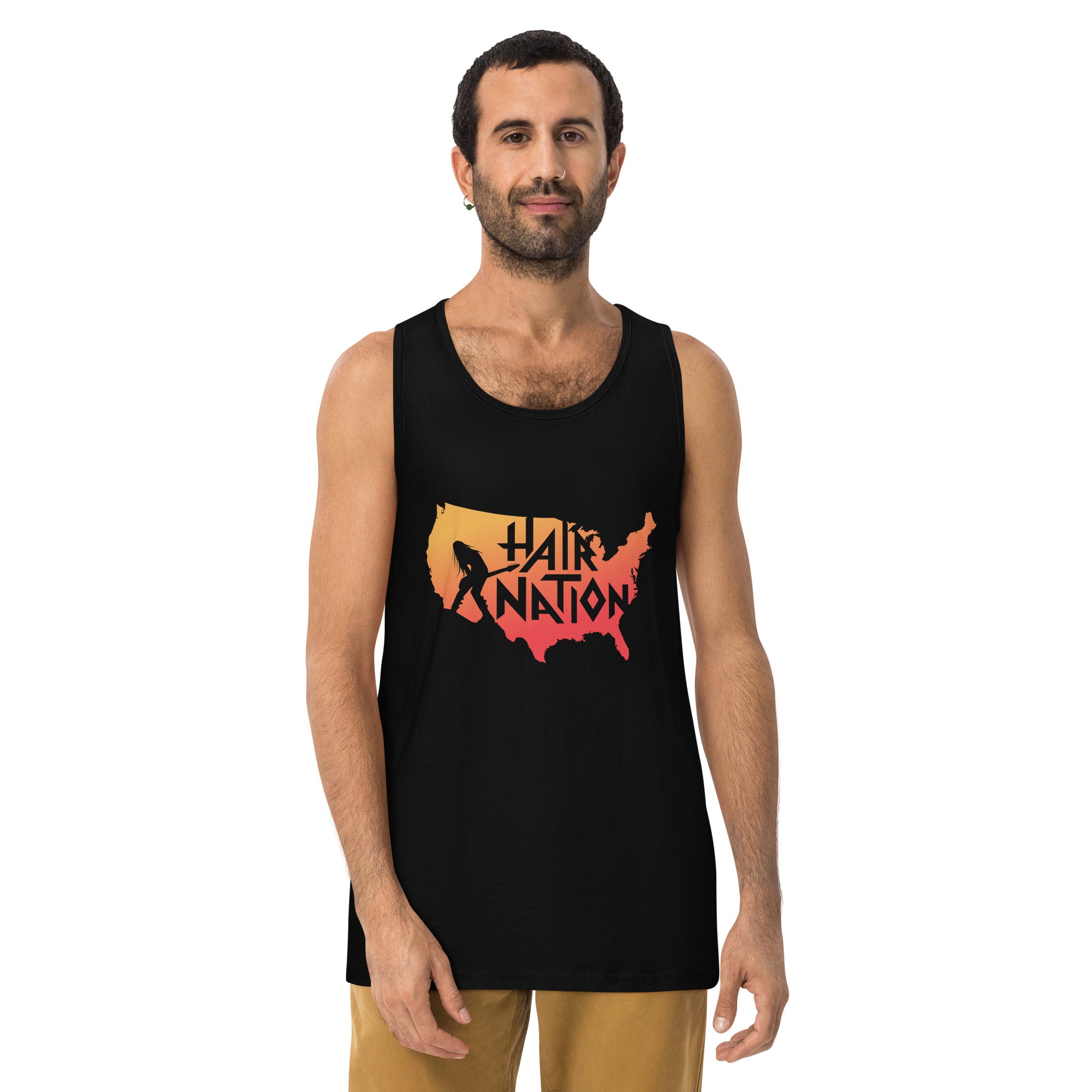 Man wearing a black tank top with a colorful 'HAIR NATION' graphic design featuring the outline of the United States.