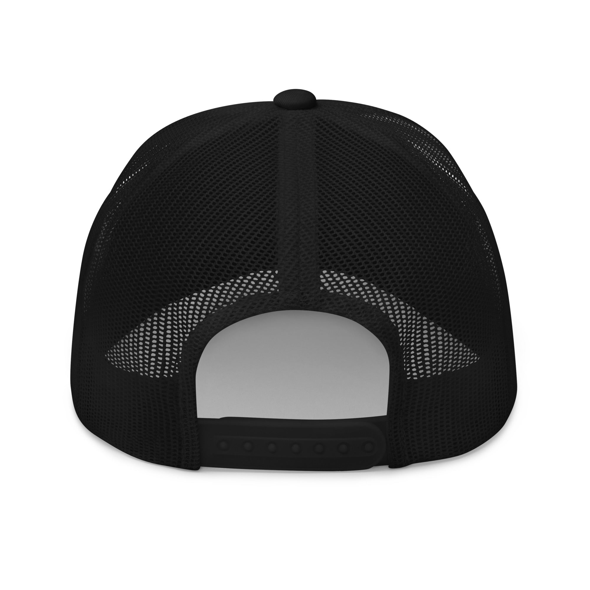 Back view of a black mesh trucker cap with adjustable snap closure.