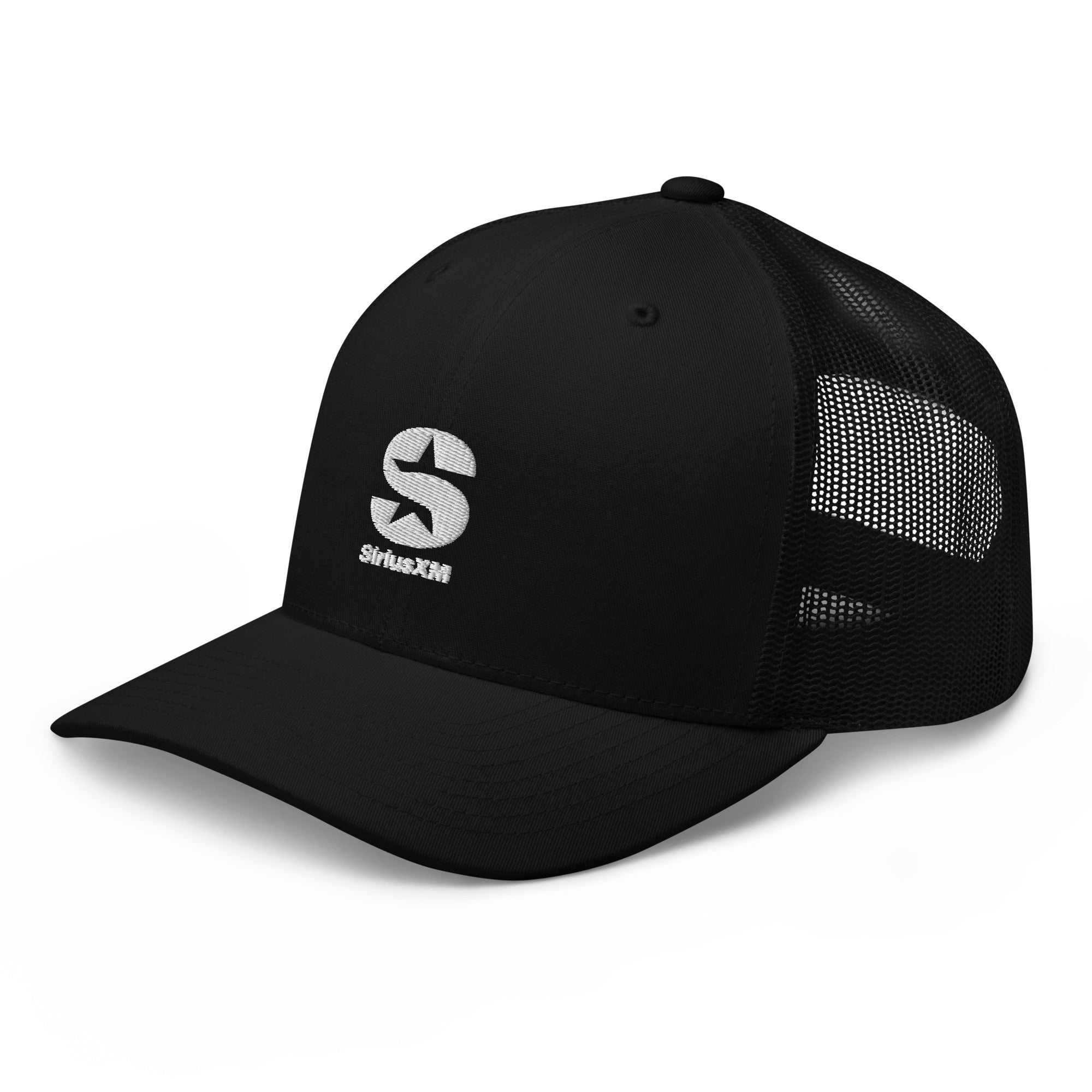 Black trucker cap with mesh back featuring a white embroidered 'SiriusXM' logo angled to the left.