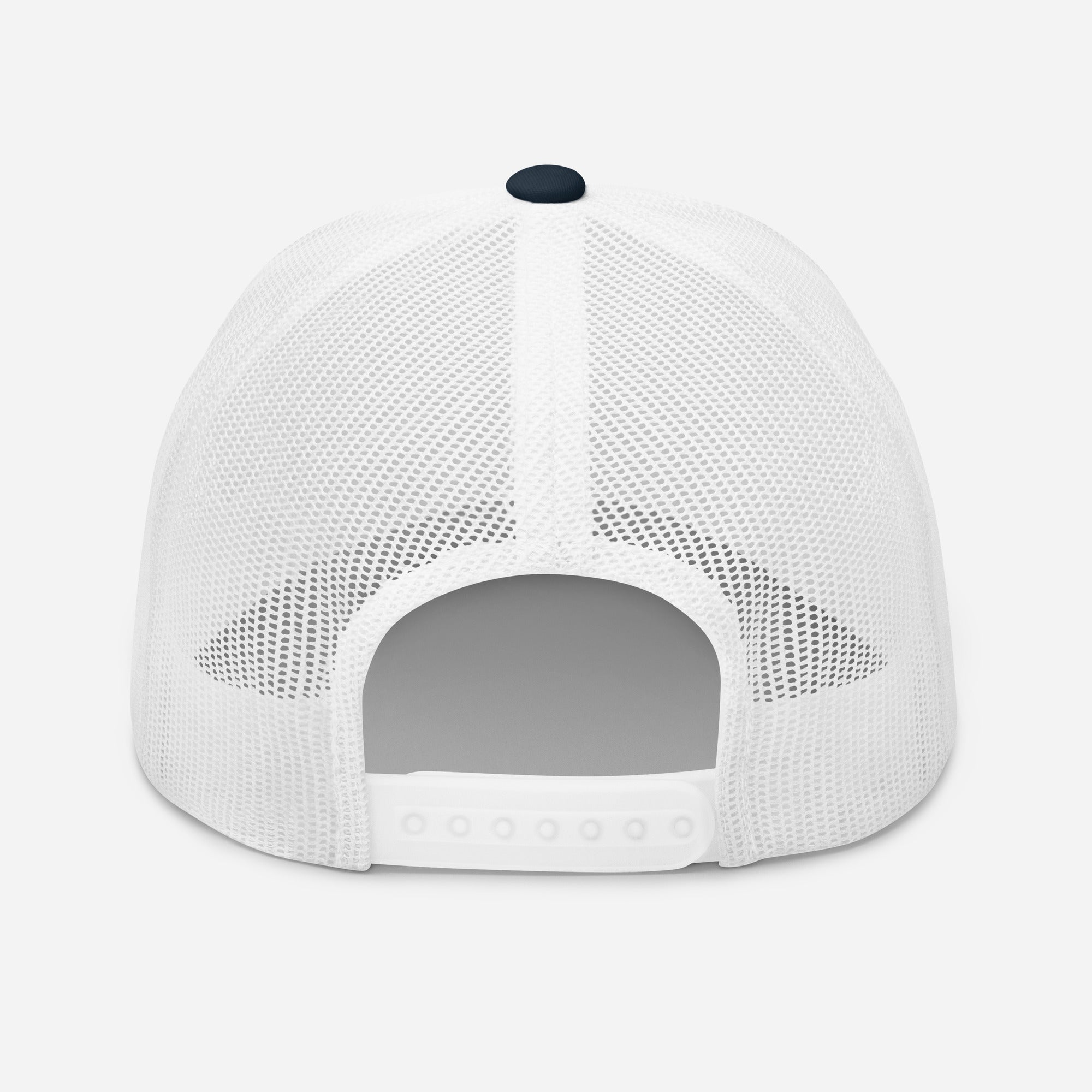 Back view of a white mesh trucker hat.