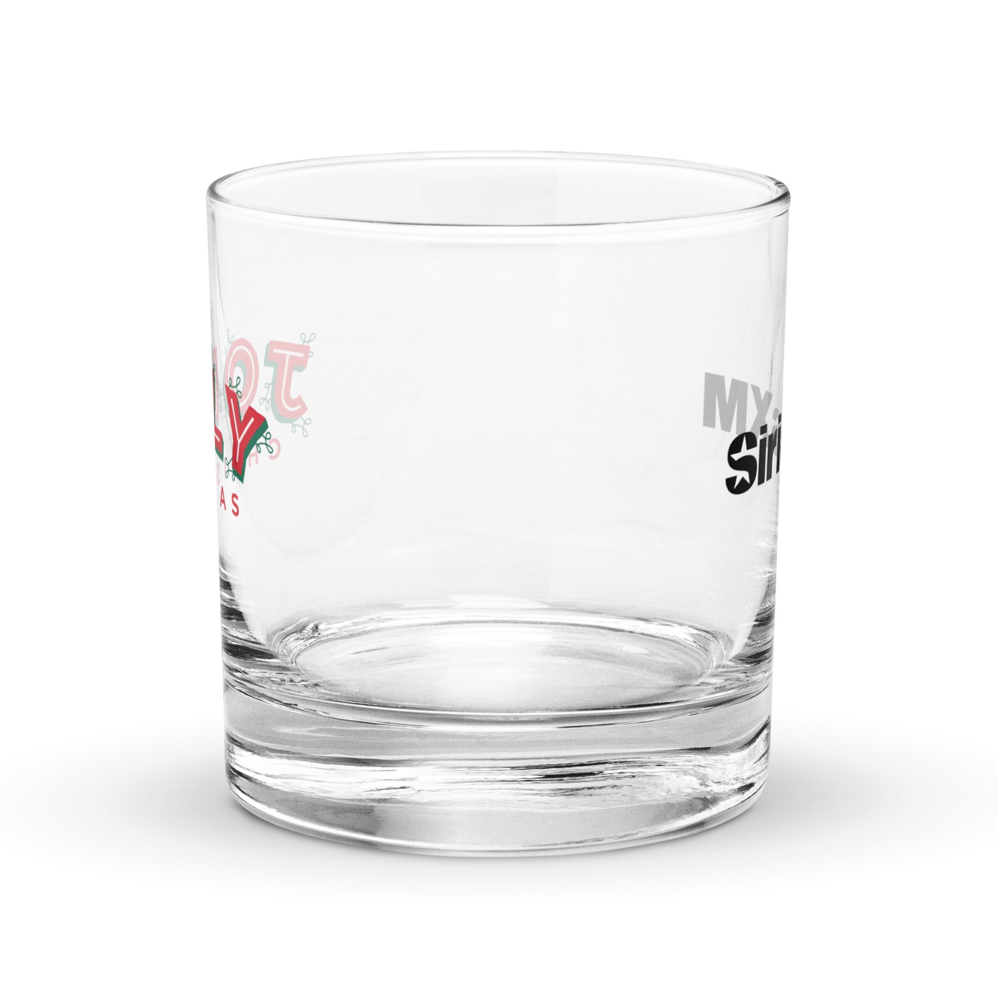 View of clear rocks glass with logos on opposite sides.