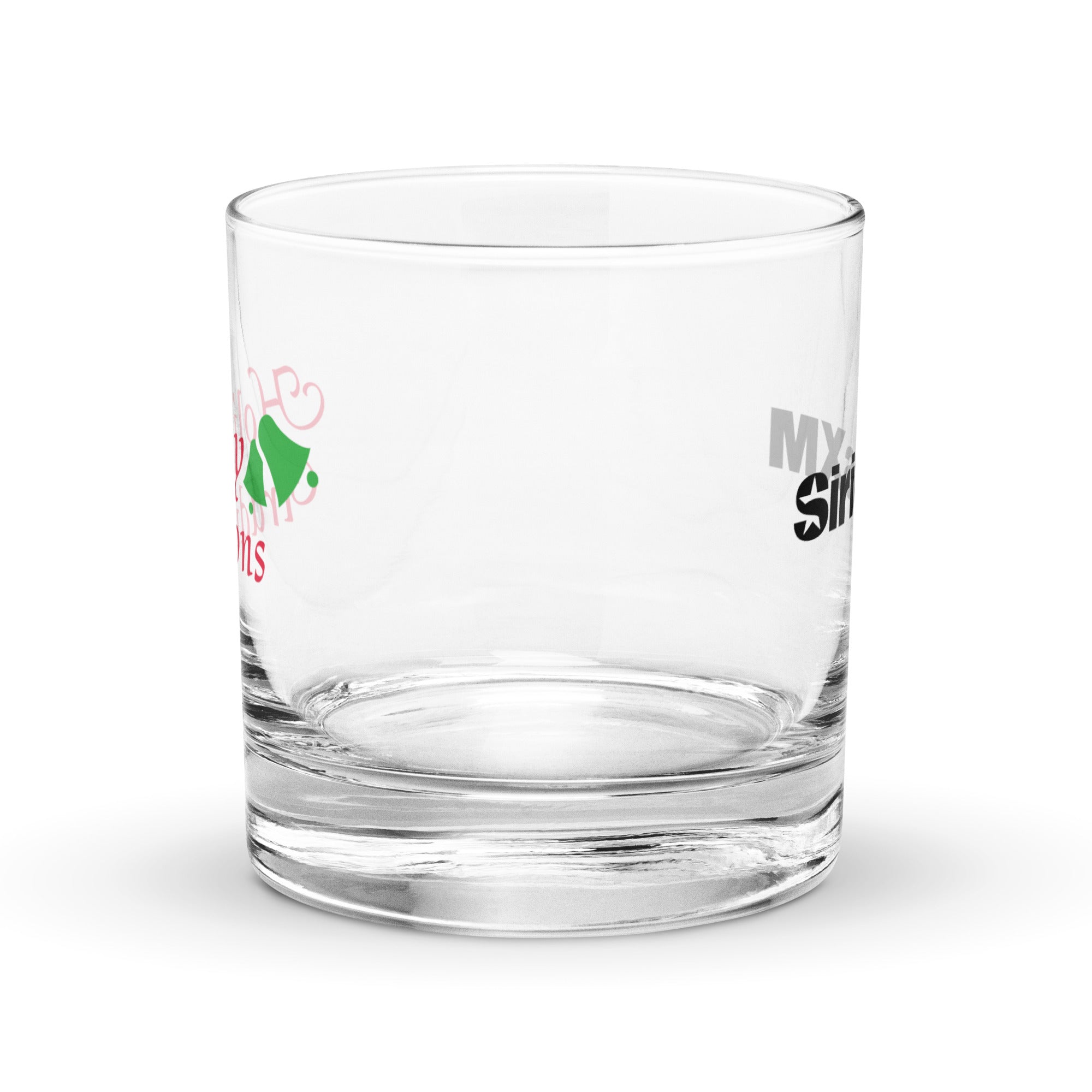 View of clear rocks glass with logos on opposite sides.