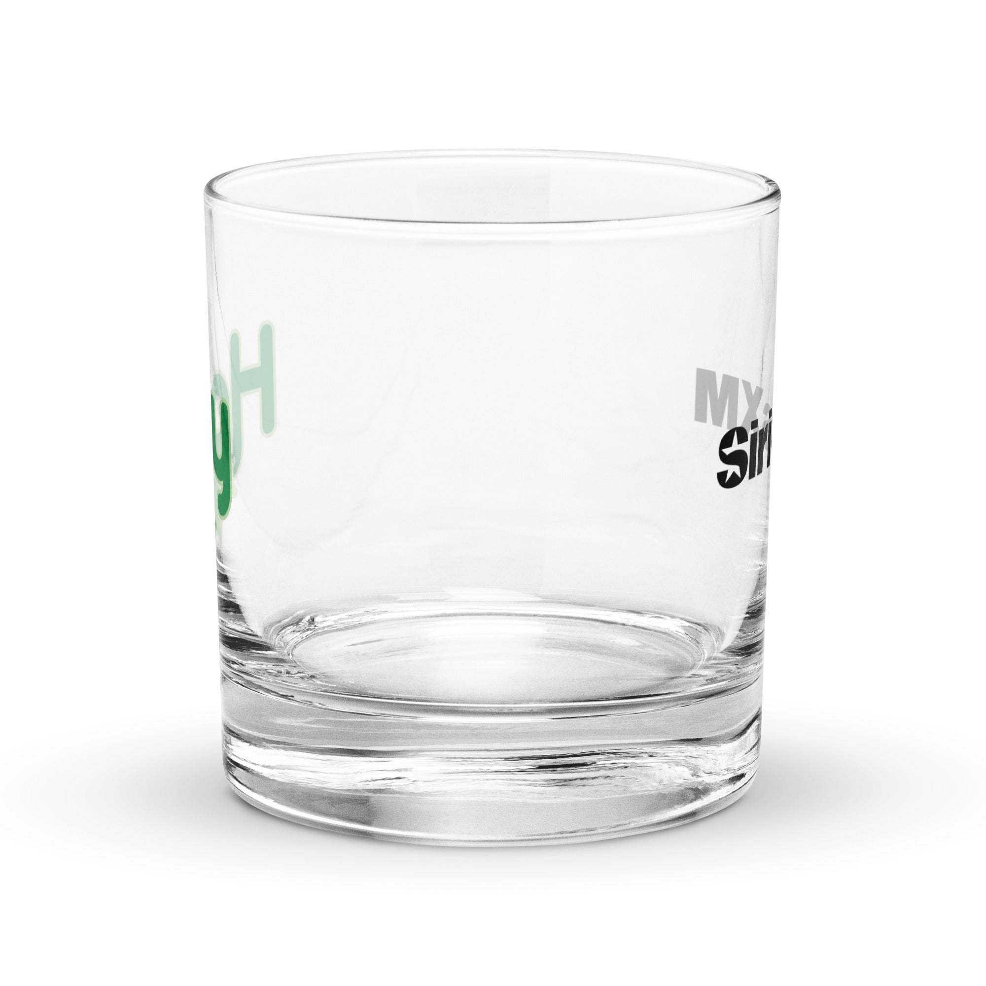 View of clear rocks glass with logos on opposite sides.