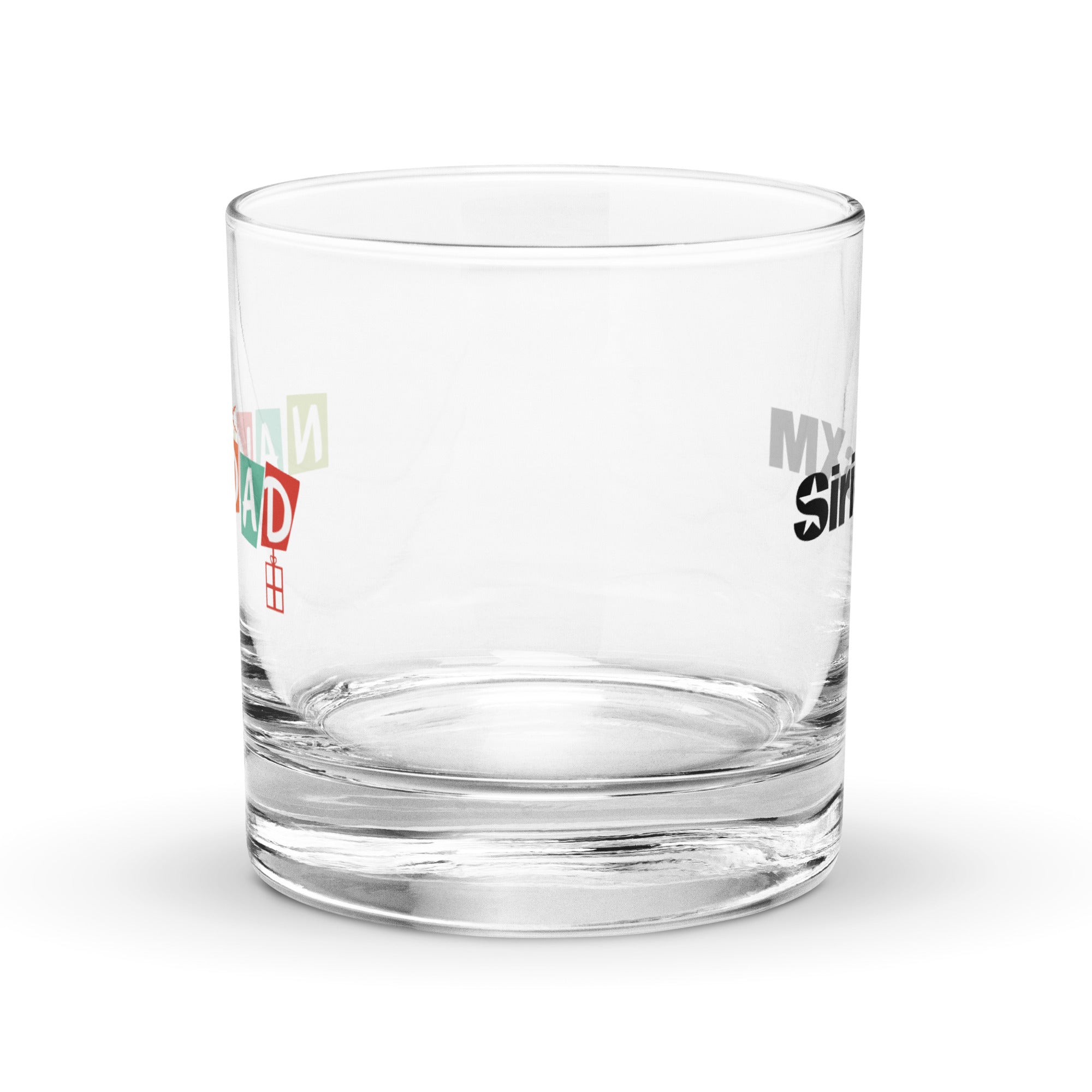 View of clear rocks glass with logos on opposite sides.