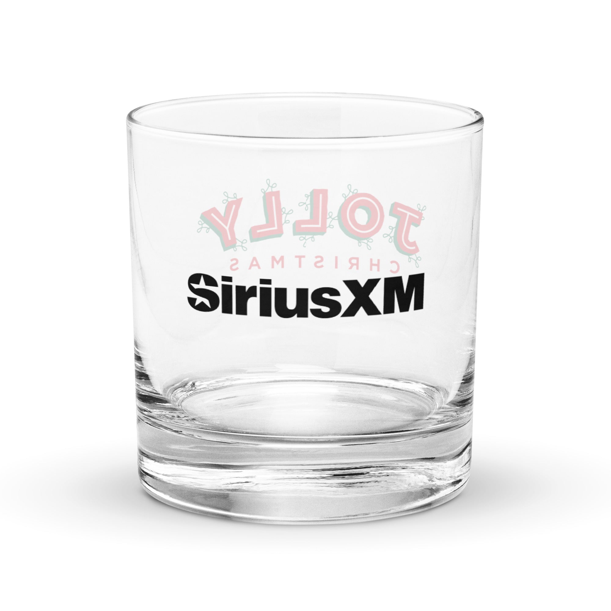 One side of rocks glass with a black 'SiriusXM' logo in the center.