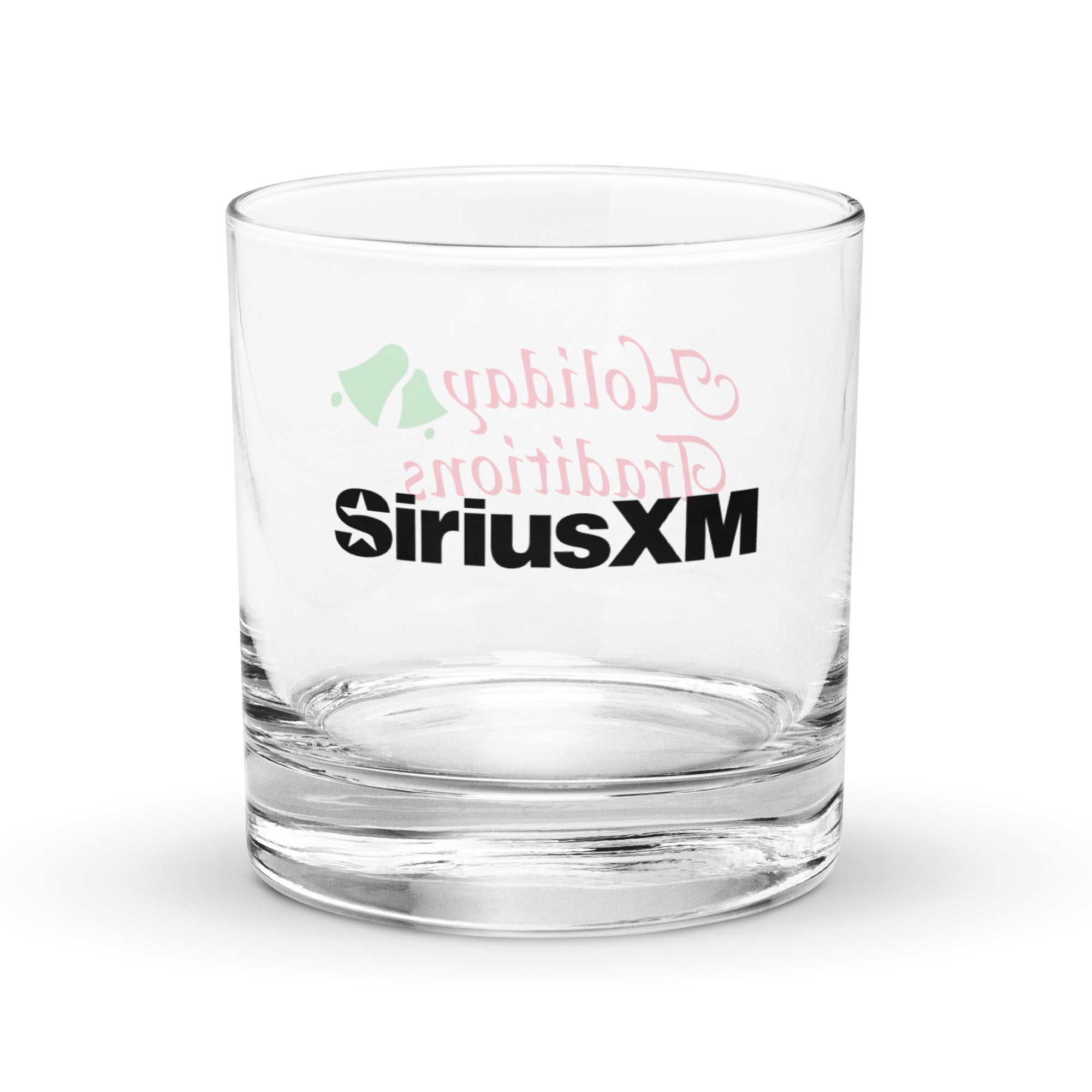 One side of rocks glass with a black 'SiriusXM' logo in the center.