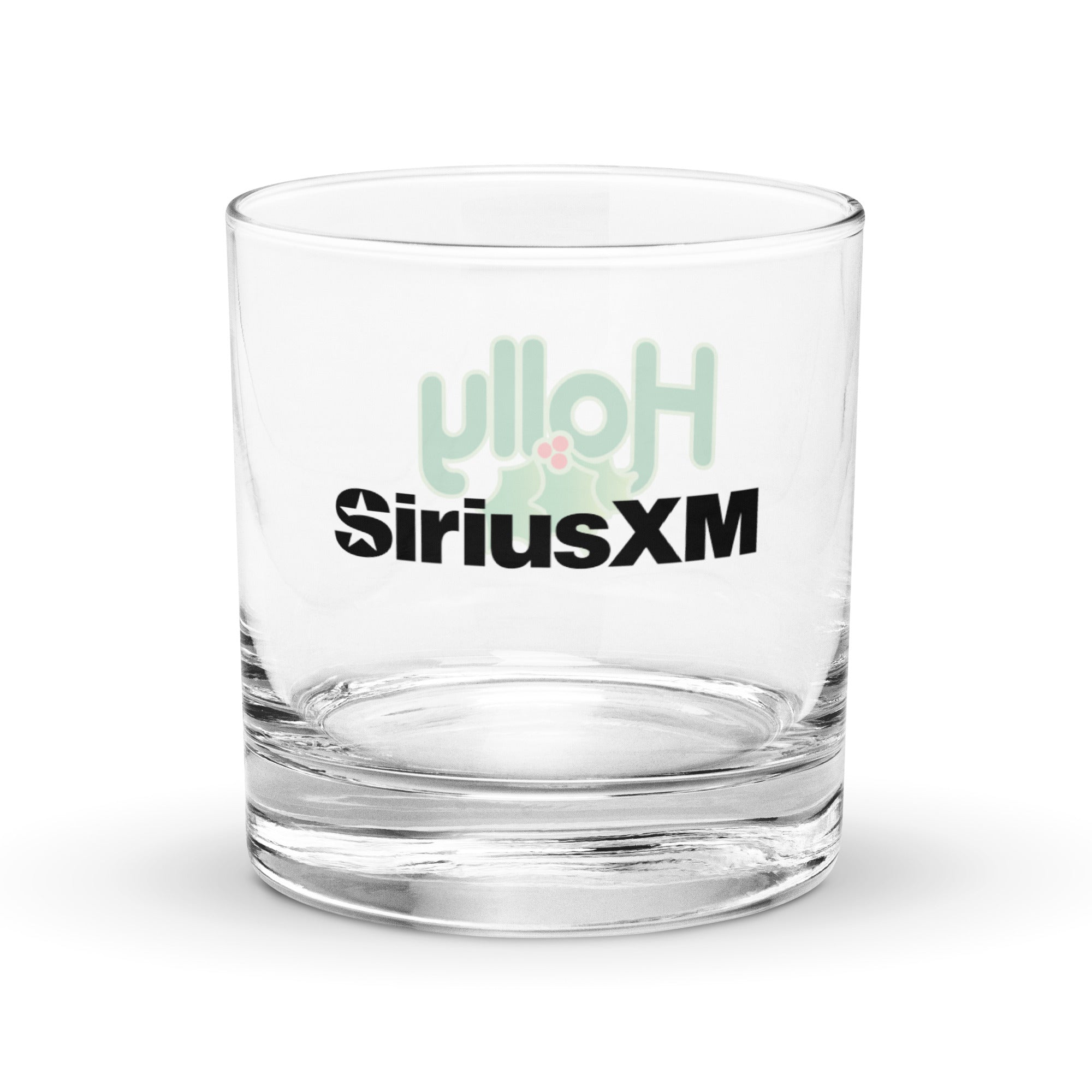 One side of clear rocks glass with a black 'SiriusXM' logo in the center.