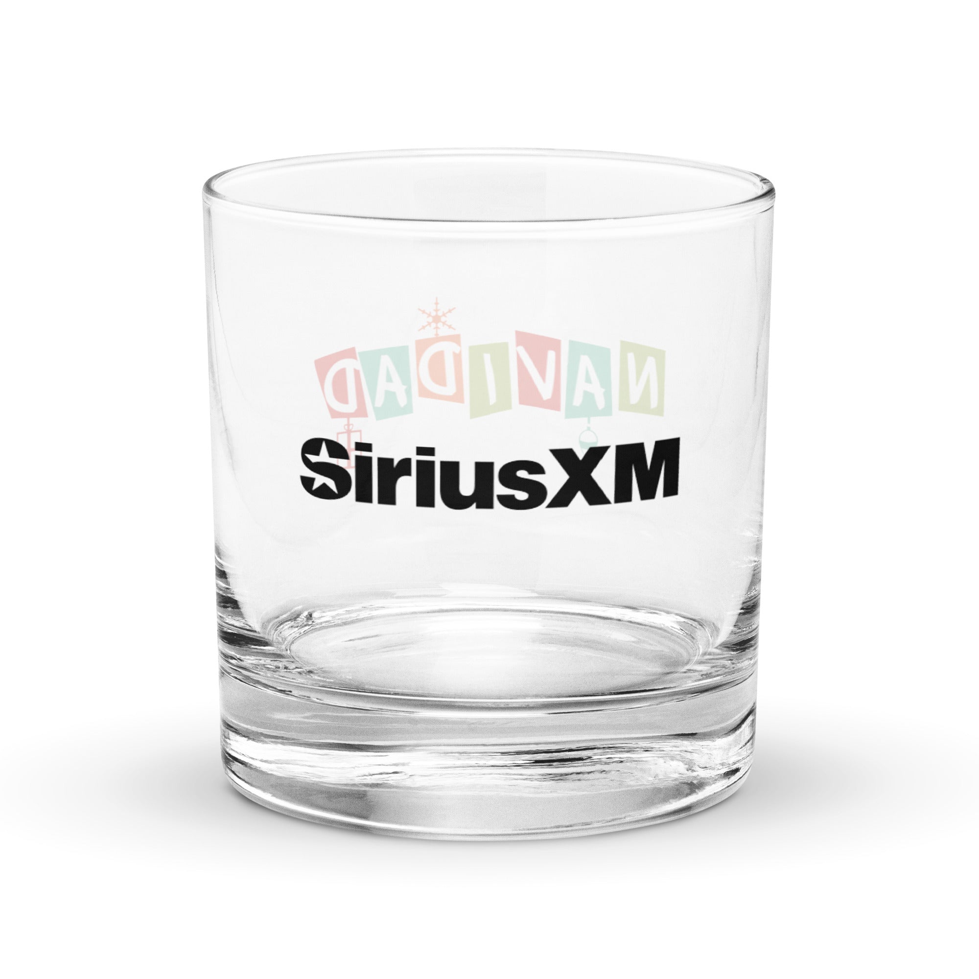 One side of rocks glass with a black 'SiriusXM' logo in the center.