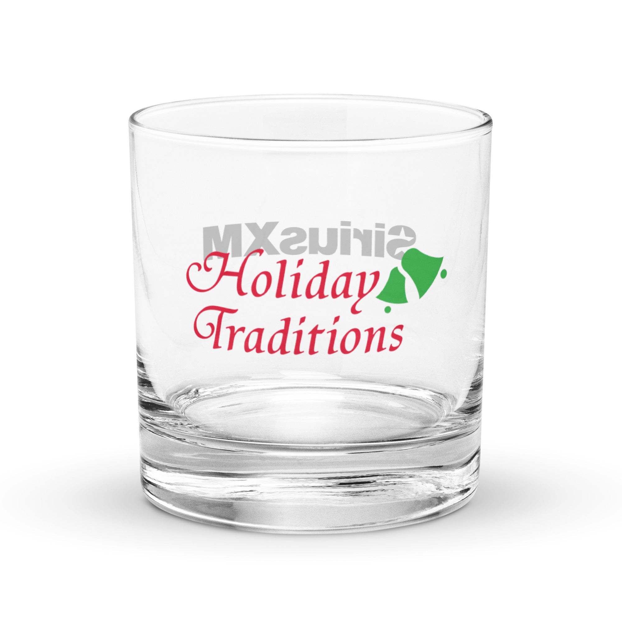 One side of rocks glass with the Holiday Traditions logo in red text in the center.